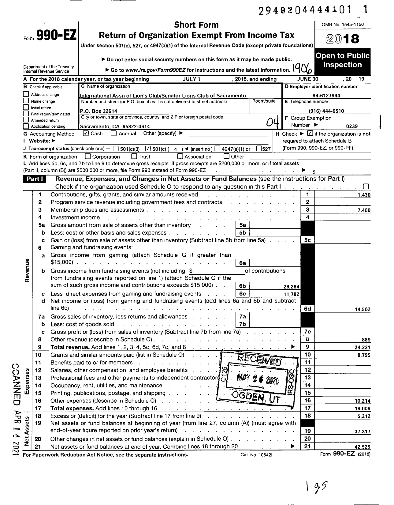 Image of first page of 2018 Form 990EO for International Association of Lions Club Senator Lions Club of Sacramento