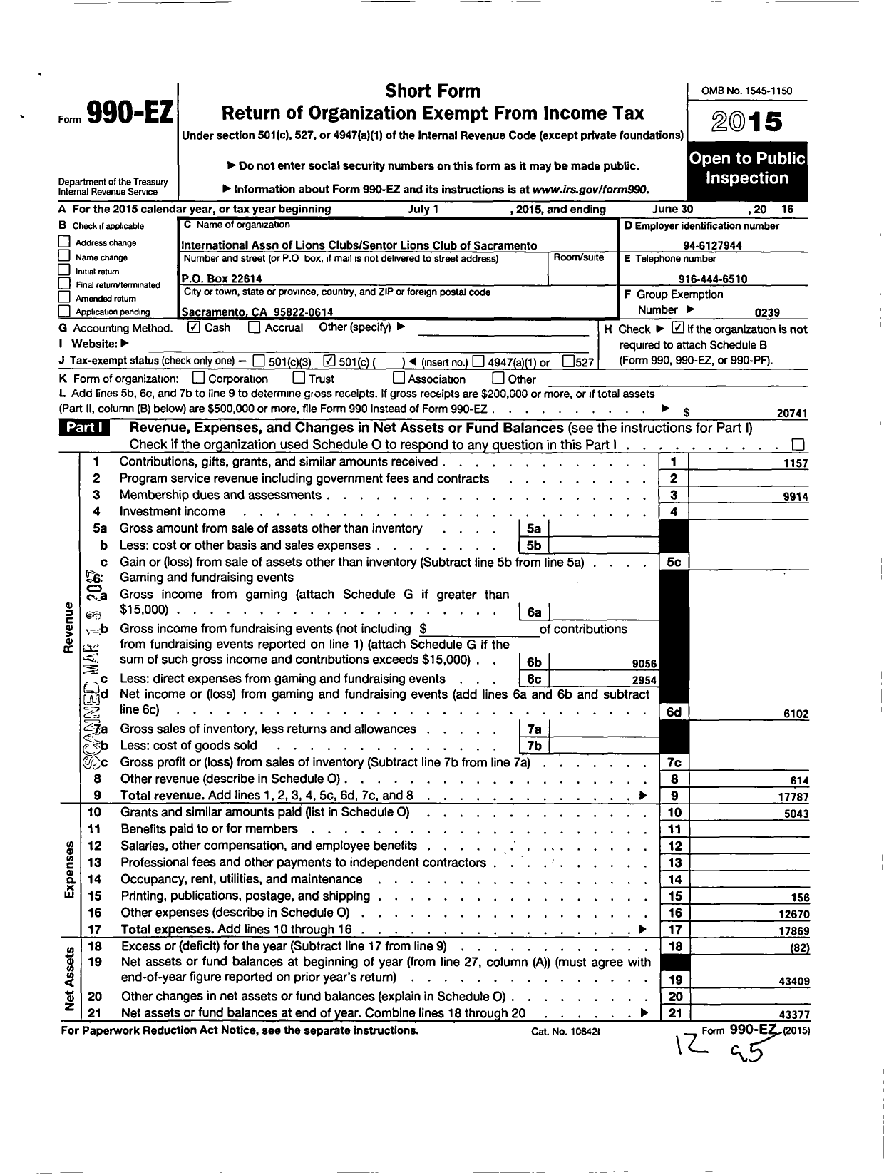 Image of first page of 2015 Form 990EO for International Association of Lions Club Senator Lions Club of Sacramento