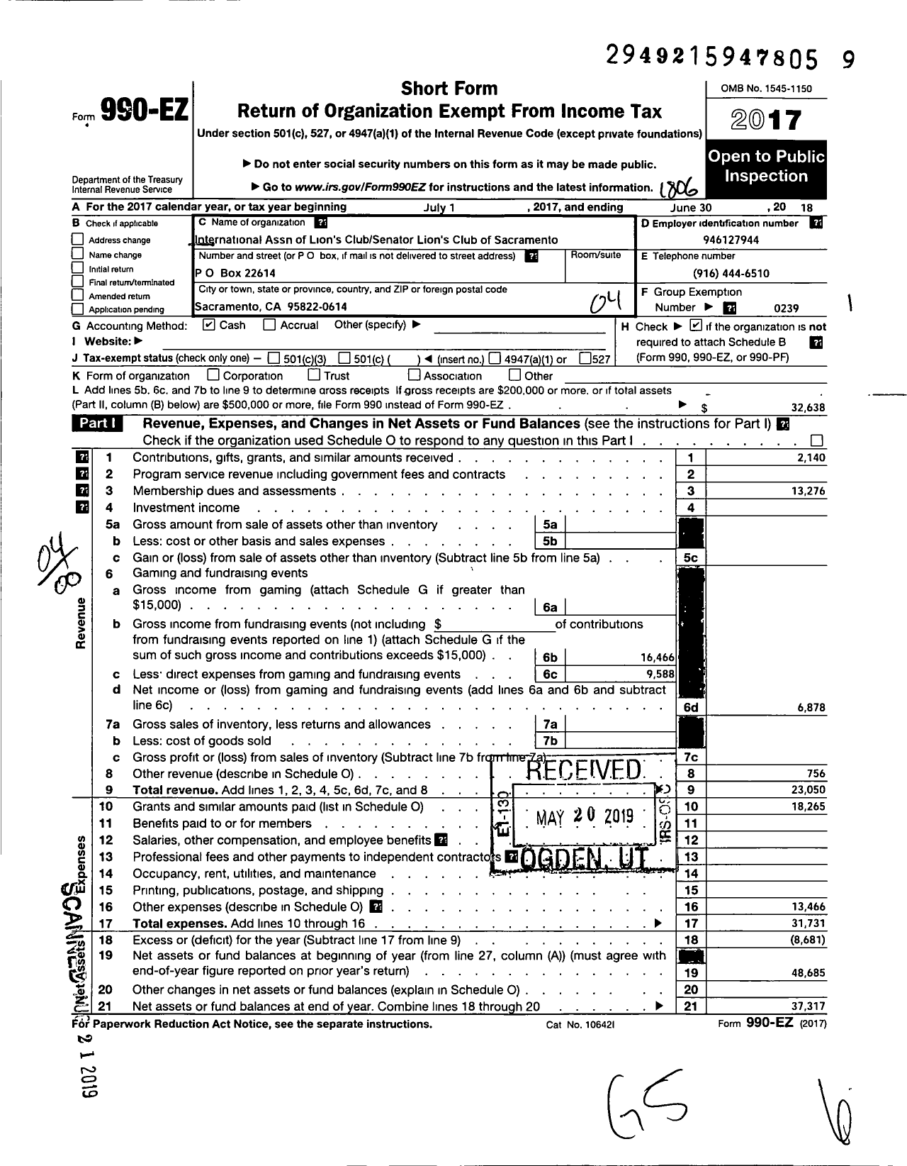 Image of first page of 2017 Form 990EO for International Association of Lions Club Senator Lions Club of Sacramento