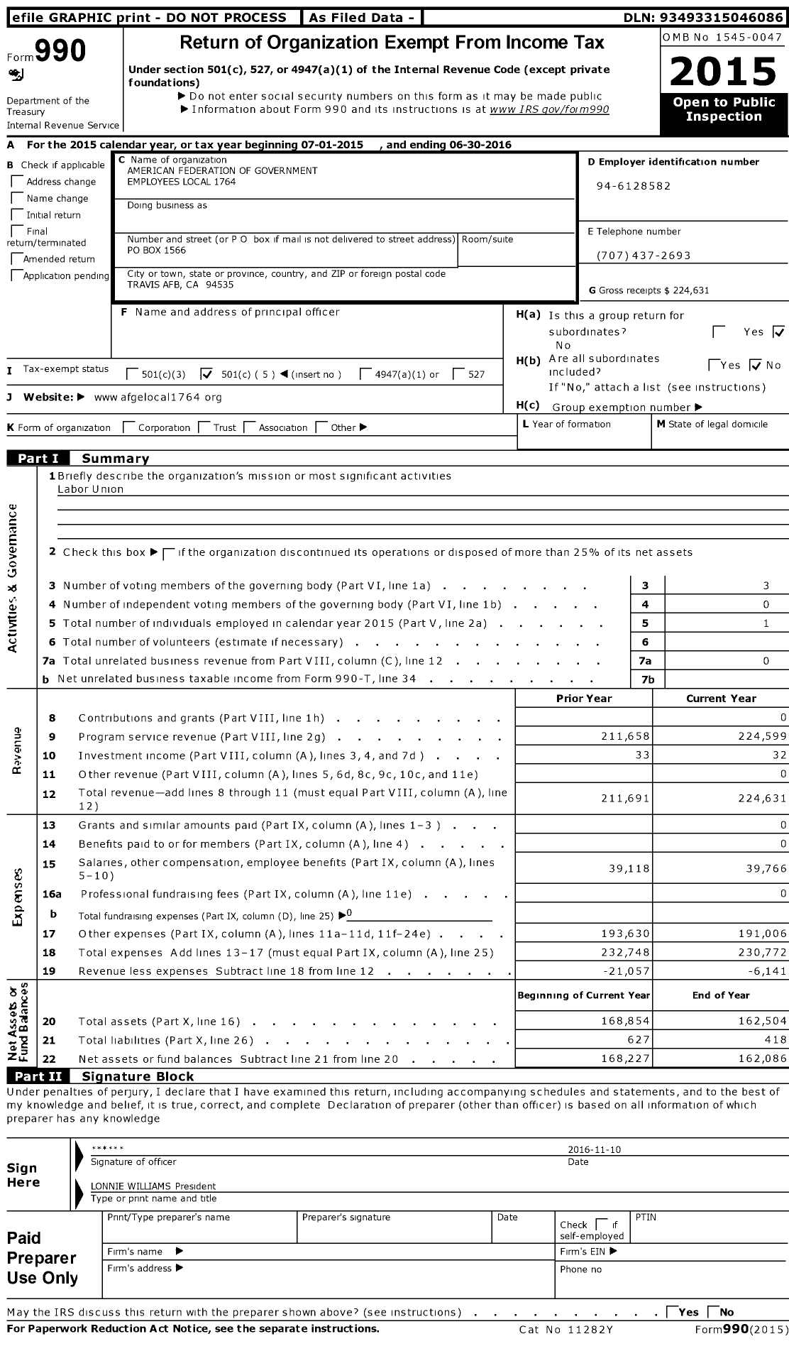 Image of first page of 2015 Form 990O for American Federation of Government Employees Local 1764