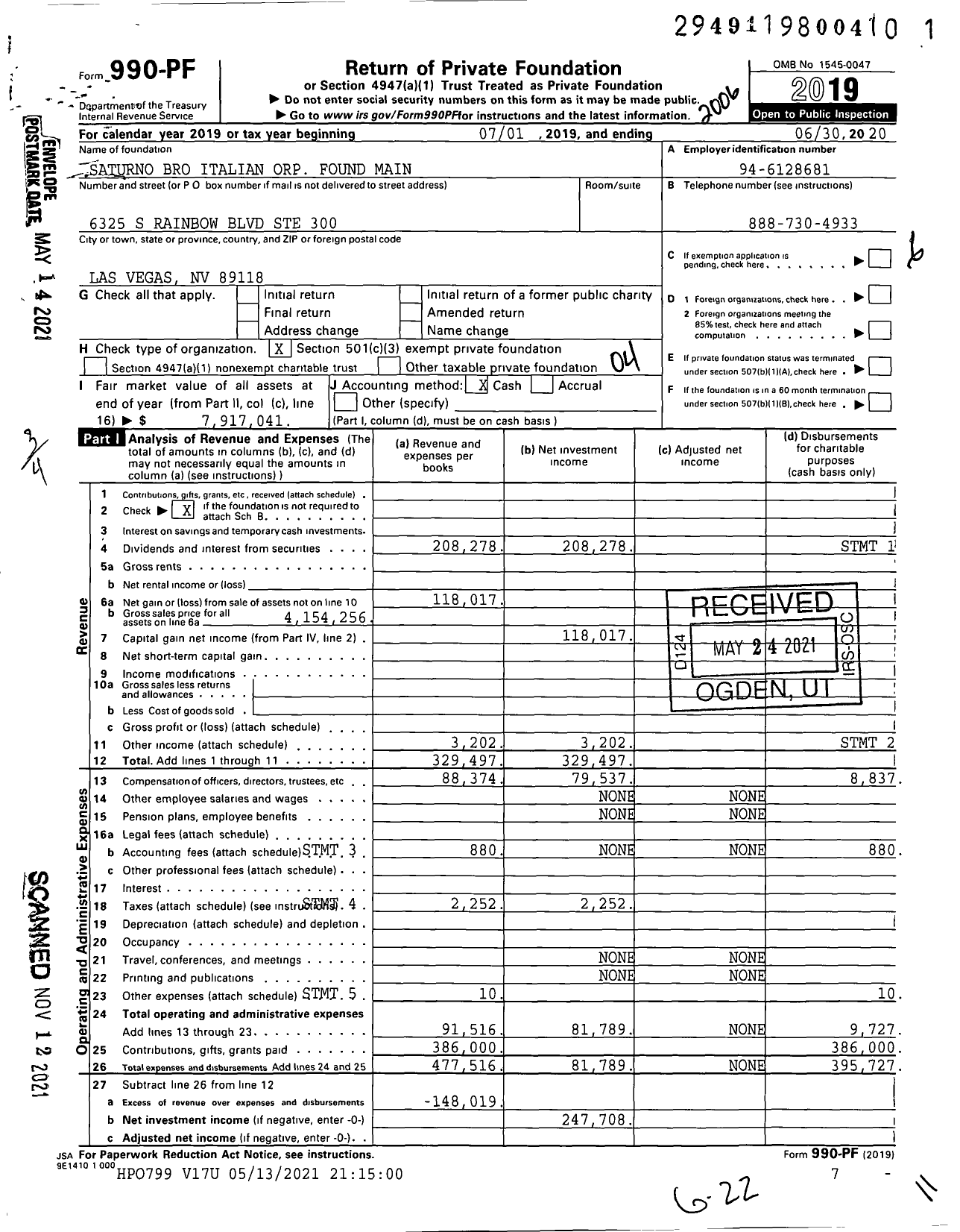 Image of first page of 2019 Form 990PF for Saturno Bro Italian Orp Found Main