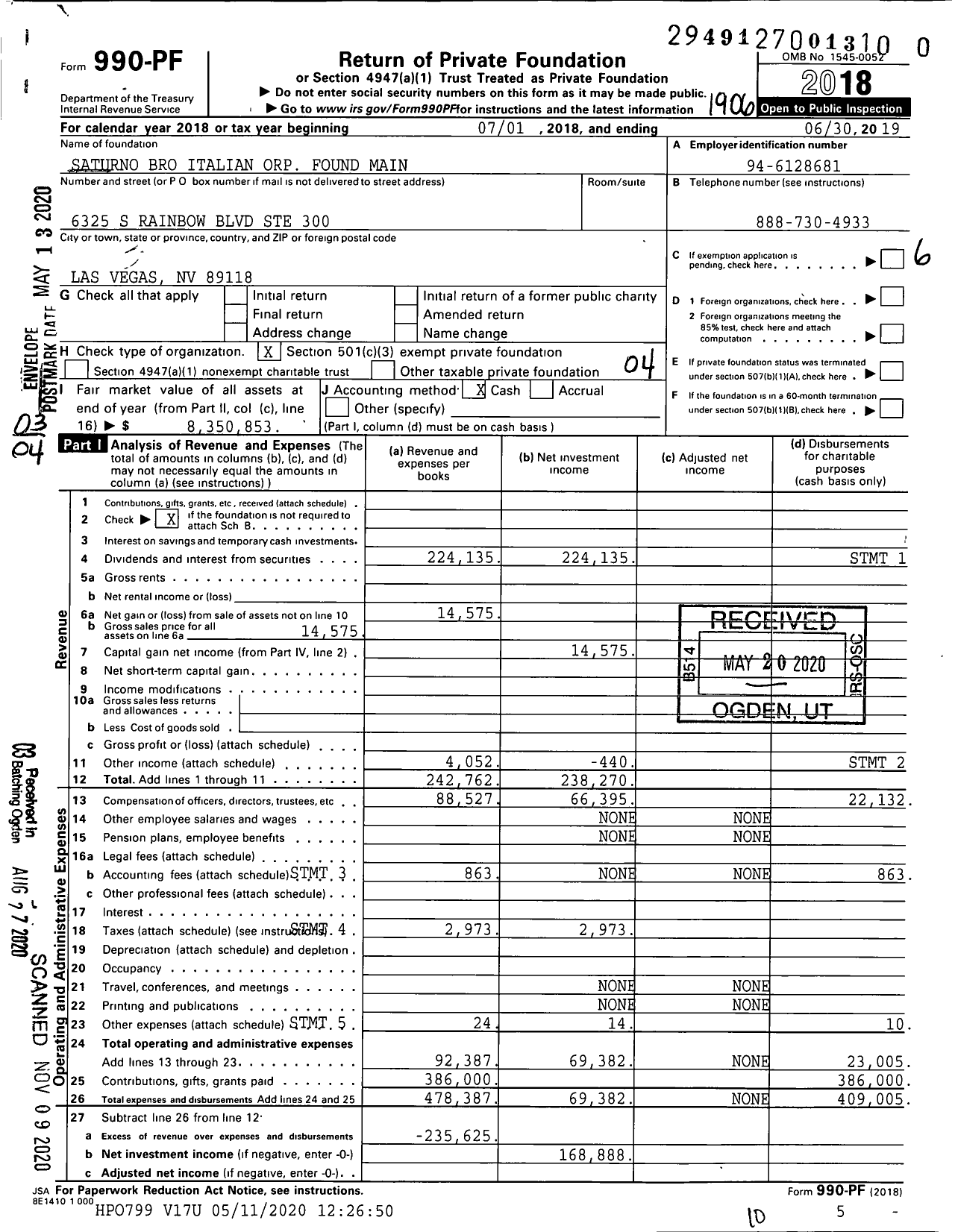 Image of first page of 2018 Form 990PF for Saturno Bro Italian Orp Found Main