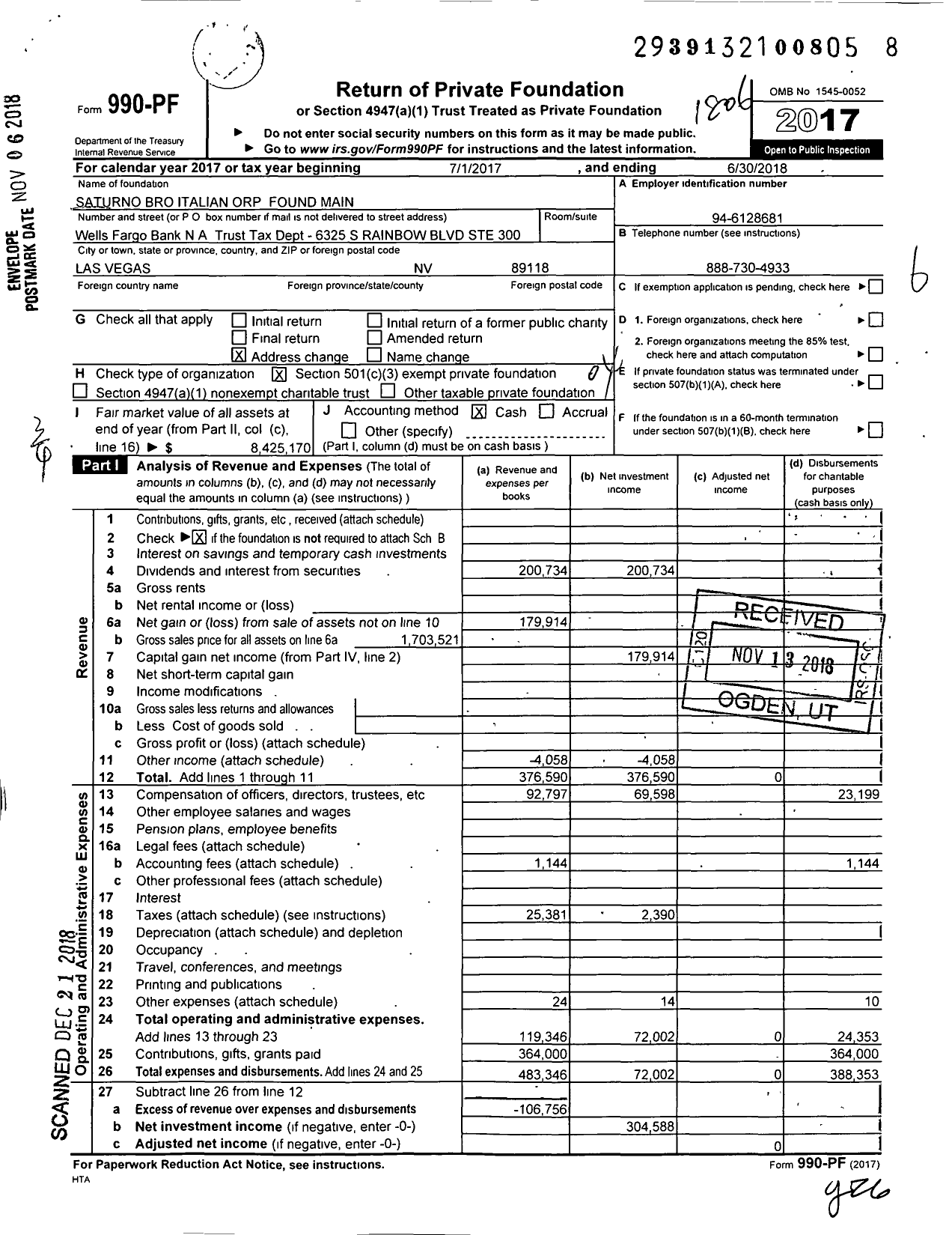 Image of first page of 2017 Form 990PF for Saturno Bro Italian Orp Found Main