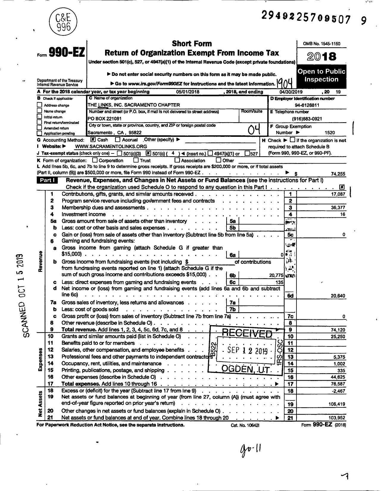 Image of first page of 2018 Form 990EO for The Links Inc Sacramento Chapter