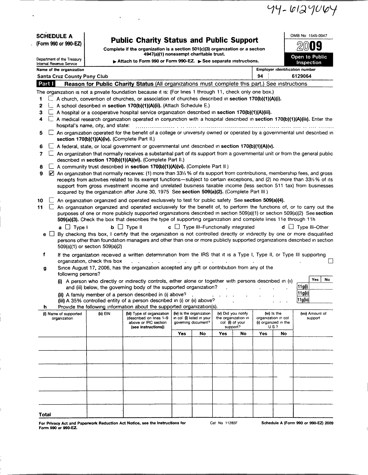 Image of first page of 2009 Form 990ER for The United States Pony Clubs / Santa Cruz County Pony Club