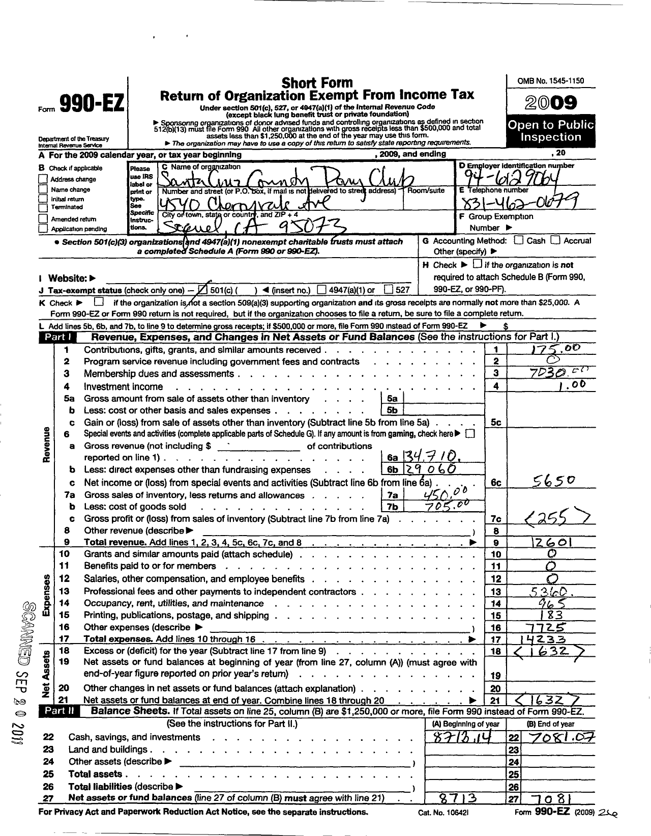 Image of first page of 2009 Form 990EZ for The United States Pony Clubs / Santa Cruz County Pony Club