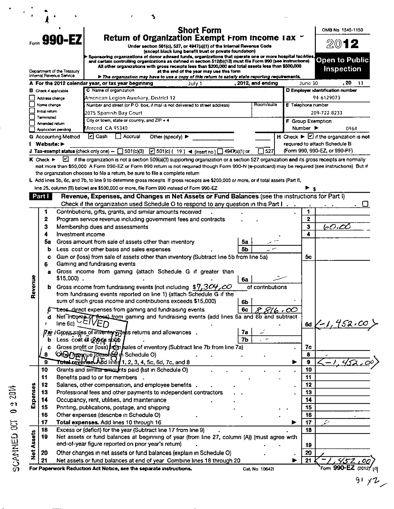 Image of first page of 2012 Form 990EO for American Legion Auxiliary / 12 California District