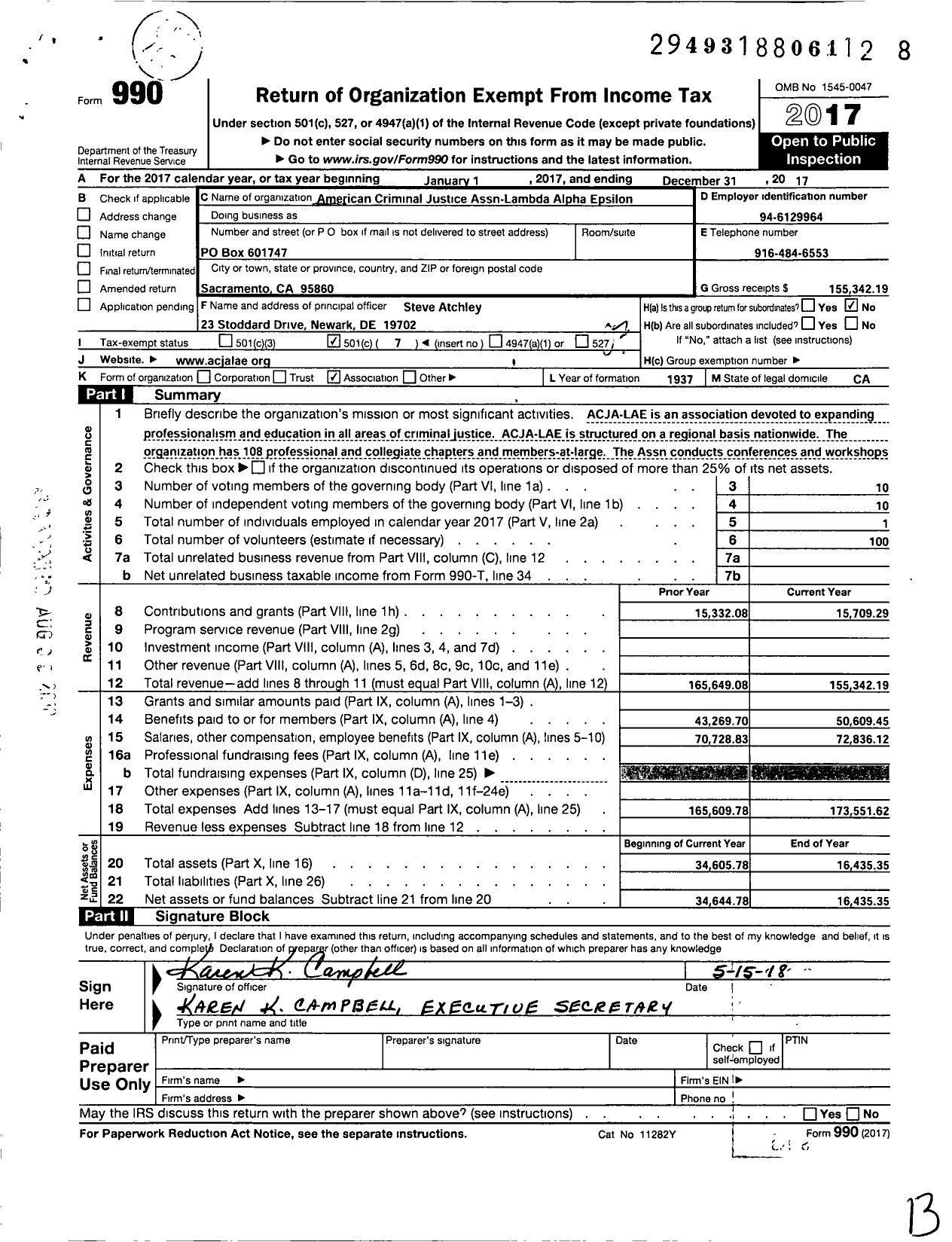 Image of first page of 2017 Form 990O for American Criminal Justice Assn-Lambda Alpha Epsilon