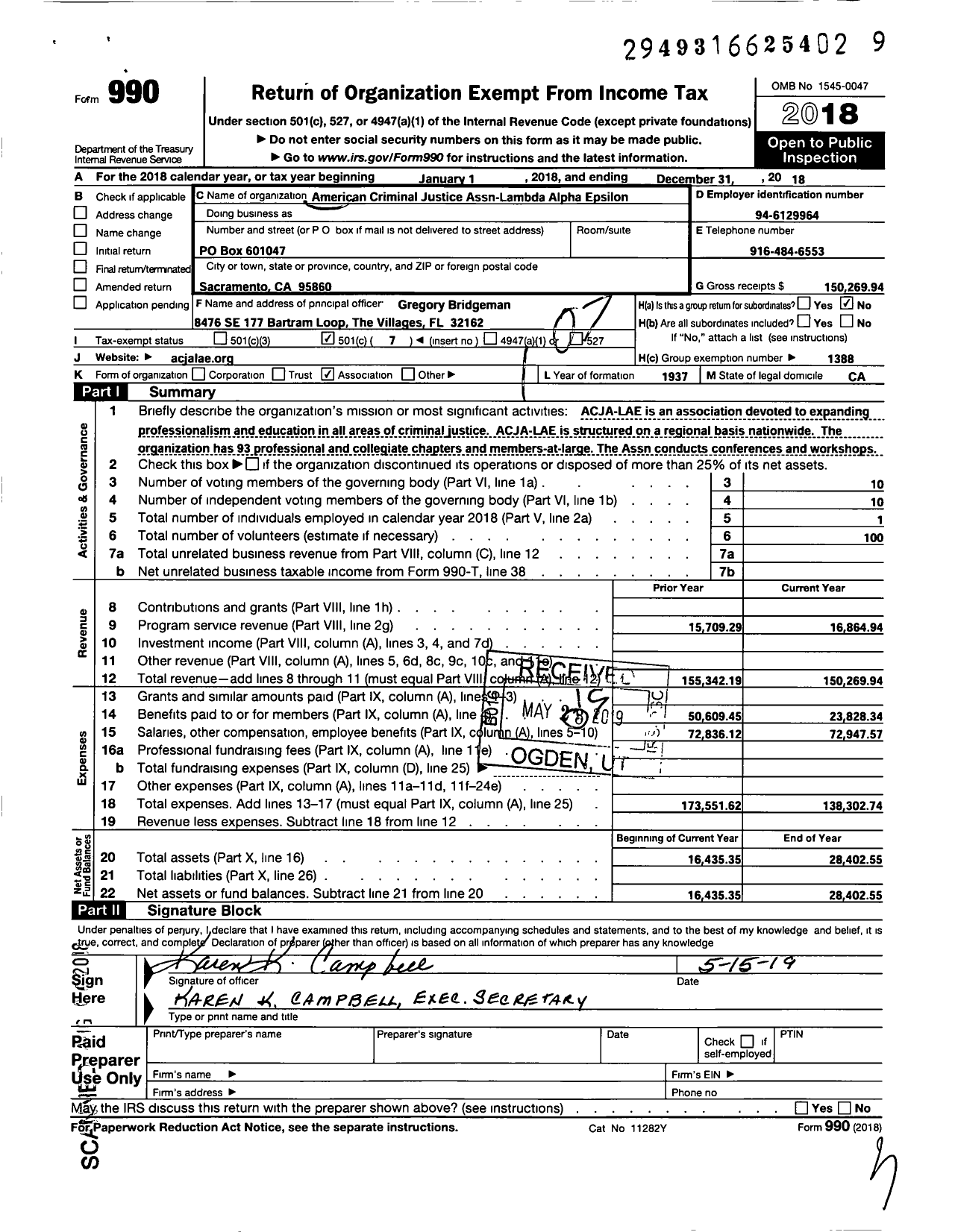 Image of first page of 2018 Form 990O for American Criminal Justice Assn-Lambda Alpha Epsilon