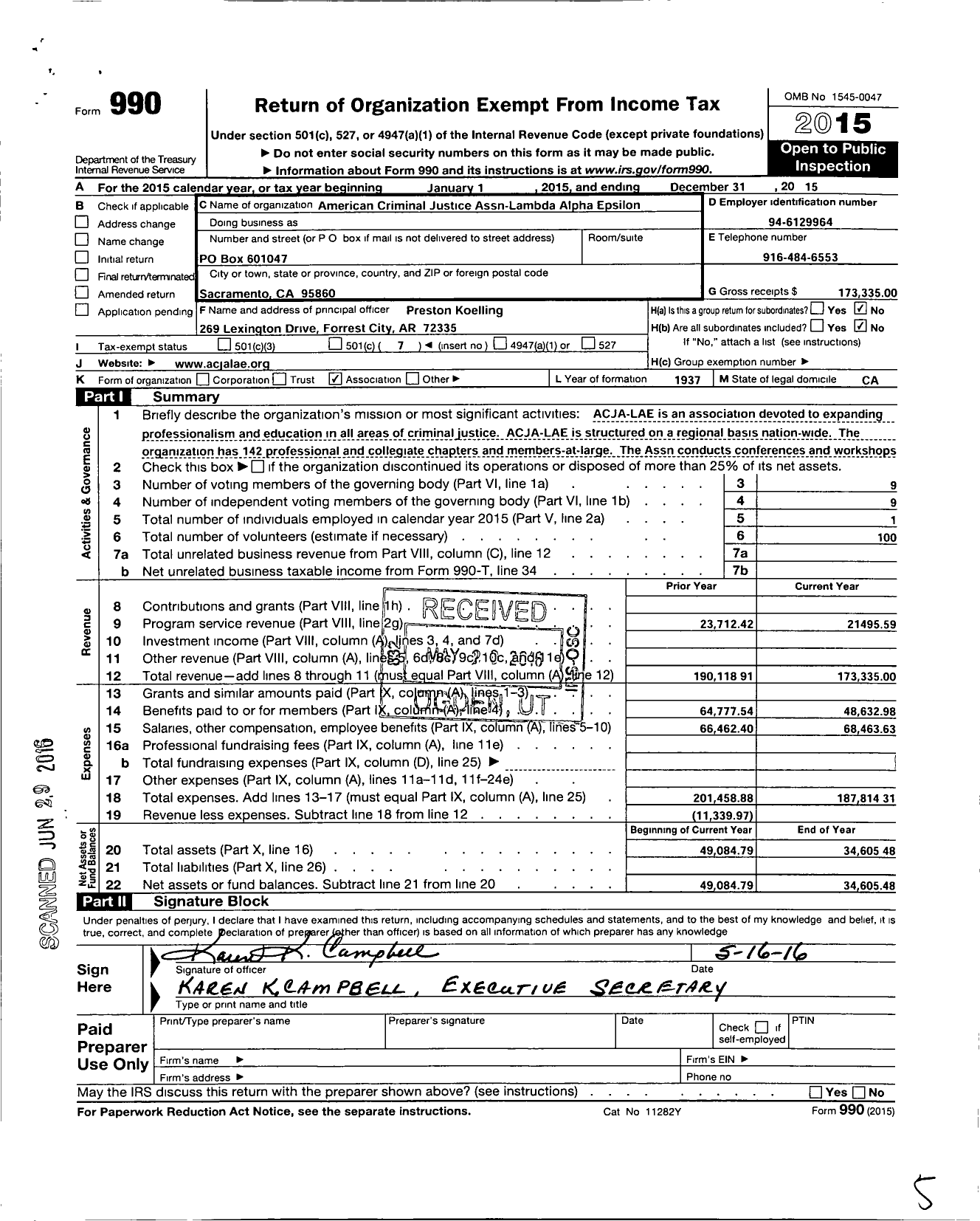 Image of first page of 2015 Form 990O for American Criminal Justice Assn-Lambda Alpha Epsilon