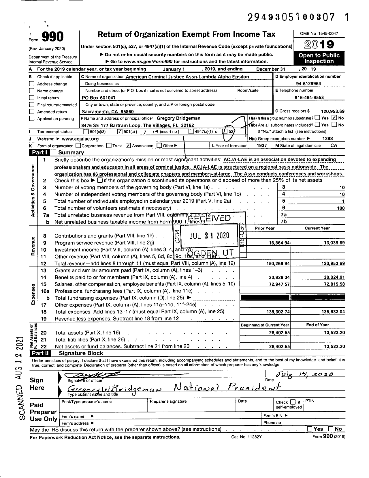 Image of first page of 2019 Form 990O for American Criminal Justice Assn-Lambda Alpha Epsilon