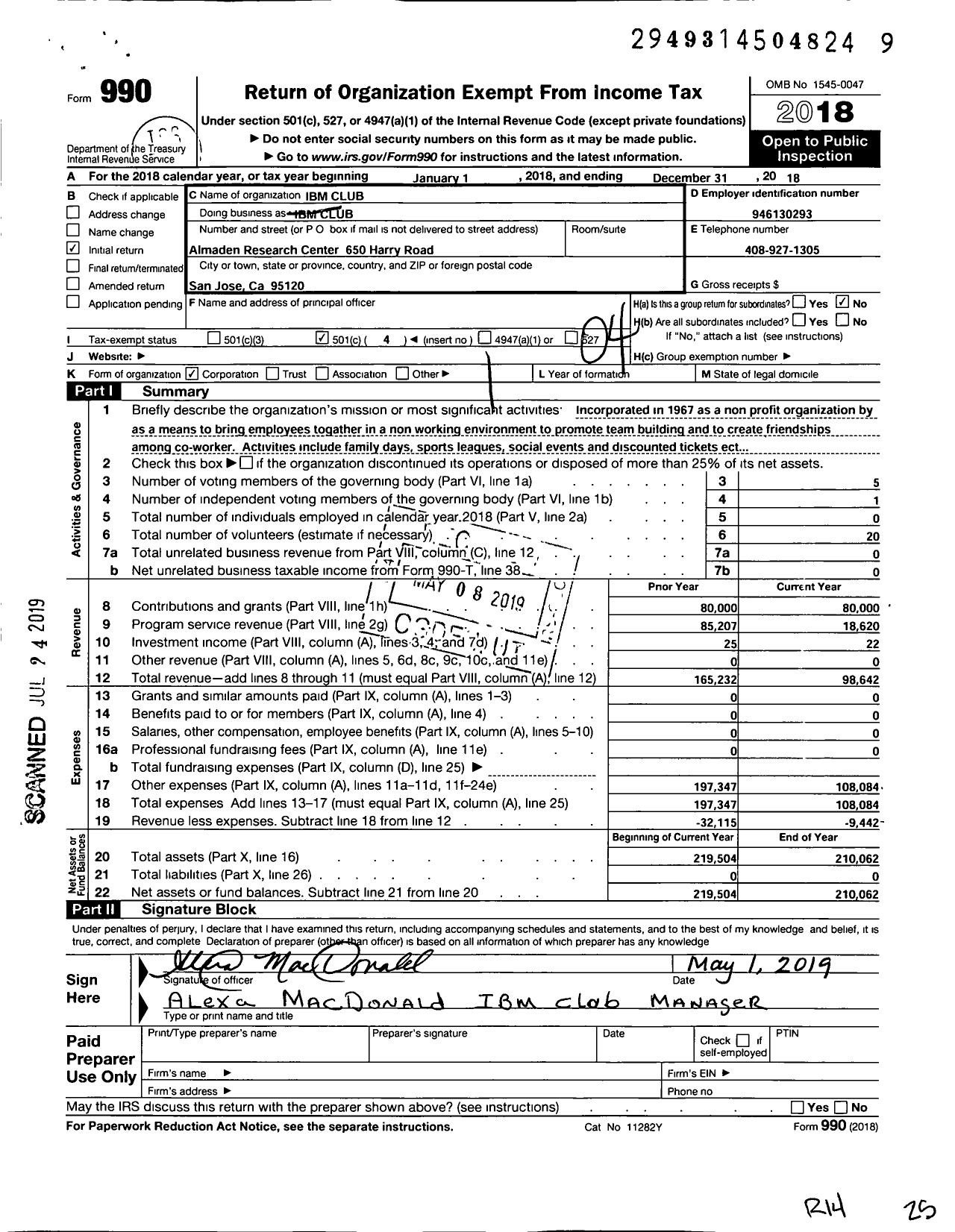 Image of first page of 2018 Form 990O for Ibm Club