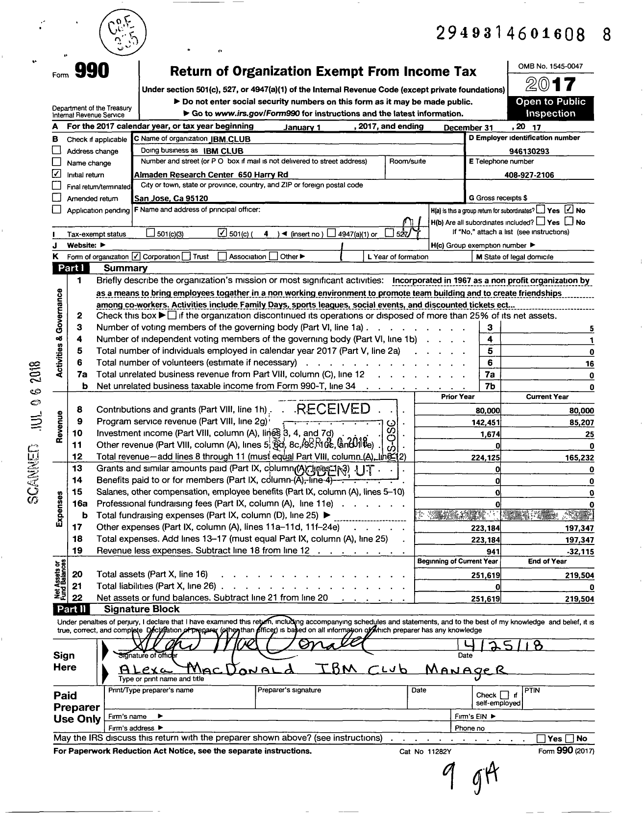 Image of first page of 2017 Form 990O for Ibm Club