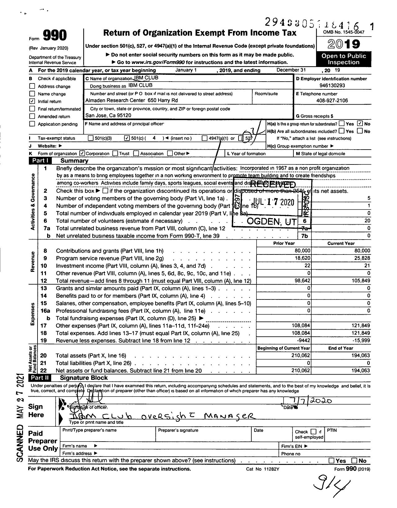 Image of first page of 2019 Form 990O for Ibm Club