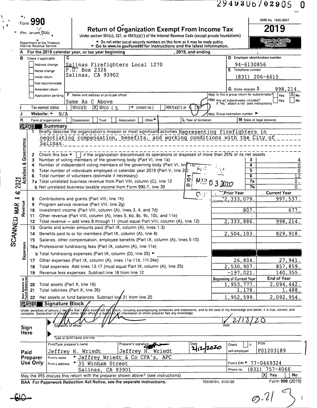 Image of first page of 2019 Form 990O for International Association of Fire Fighters - L1270 Salinas