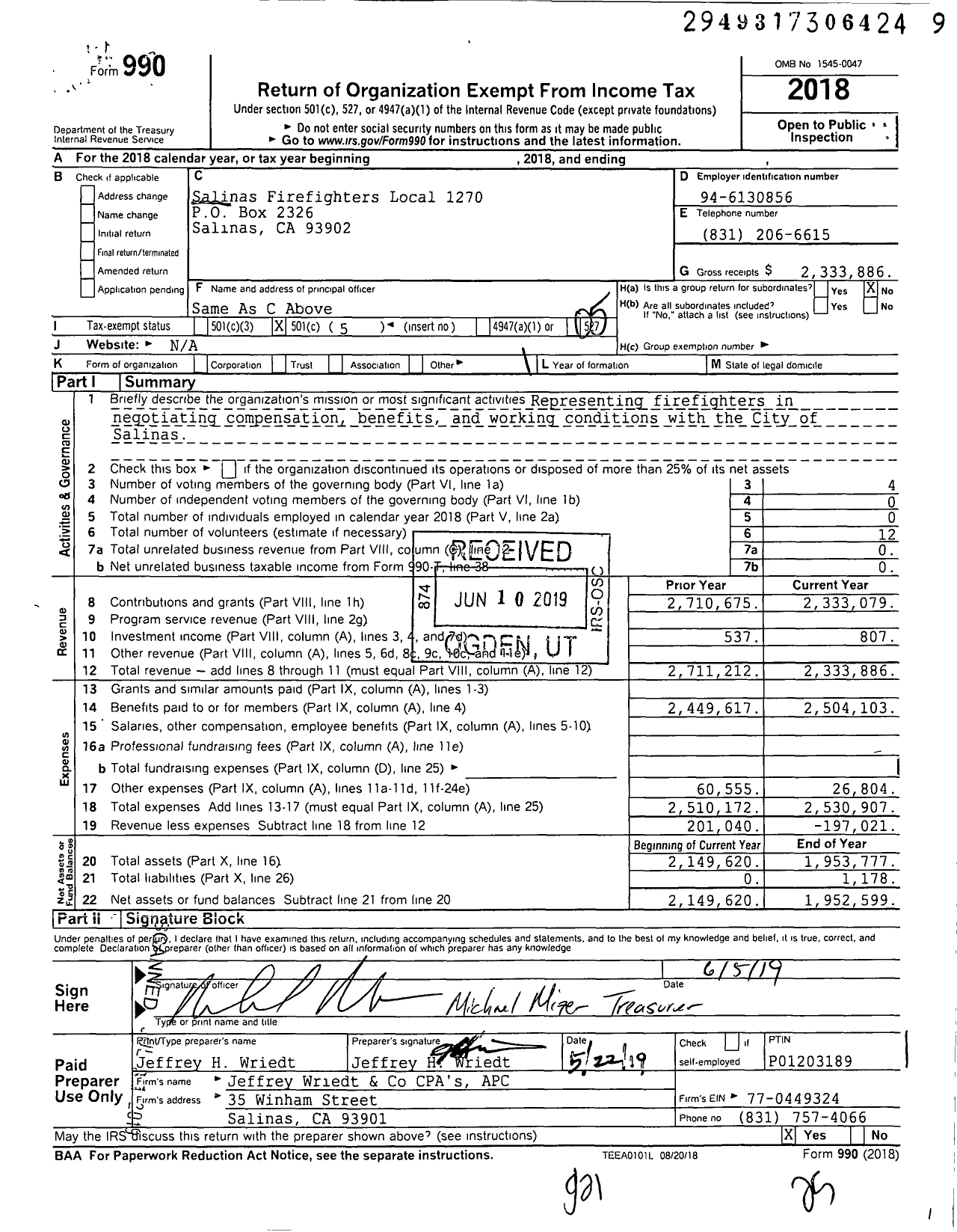 Image of first page of 2018 Form 990O for International Association of Fire Fighters - L1270 Salinas