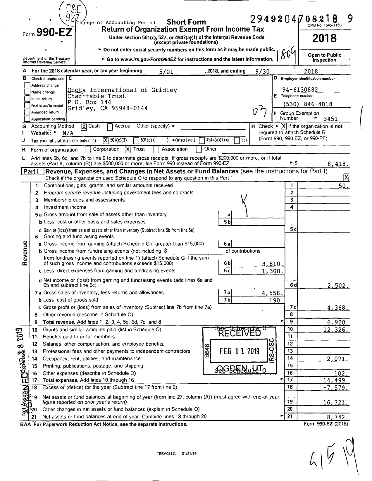 Image of first page of 2017 Form 990EZ for Quota International of Gridley Charitable Trust