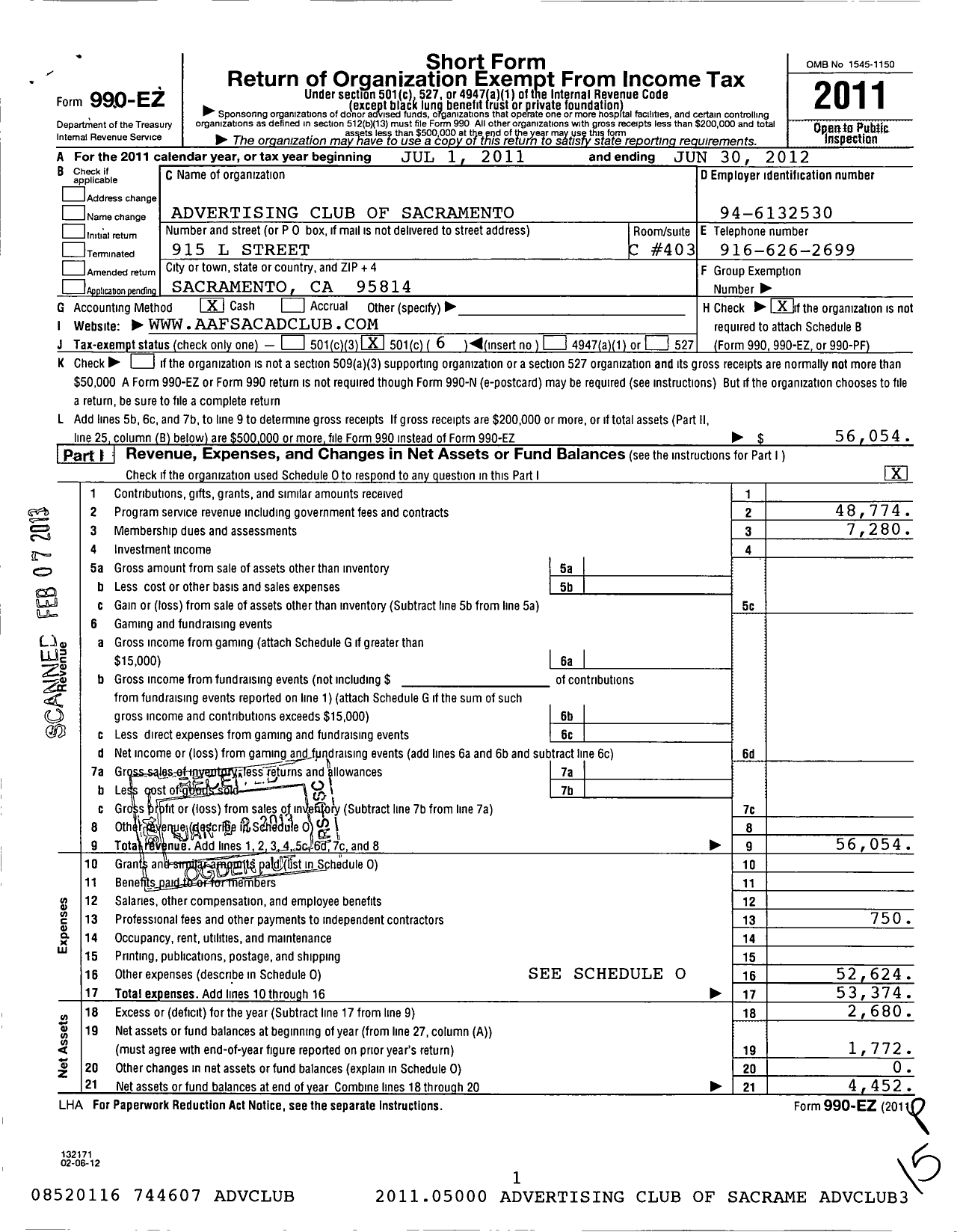 Image of first page of 2011 Form 990EO for Advertising Club of Sacramento