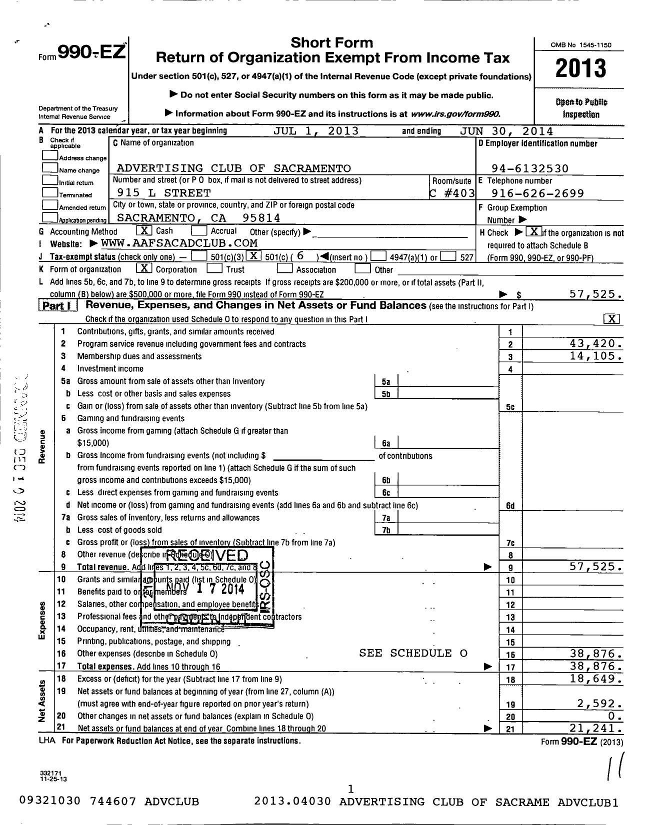 Image of first page of 2013 Form 990EO for Advertising Club of Sacramento