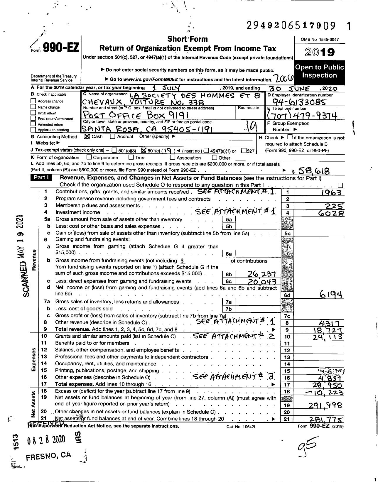 Image of first page of 2019 Form 990EO for The Forty and Eight - 338 VOITURE Locale