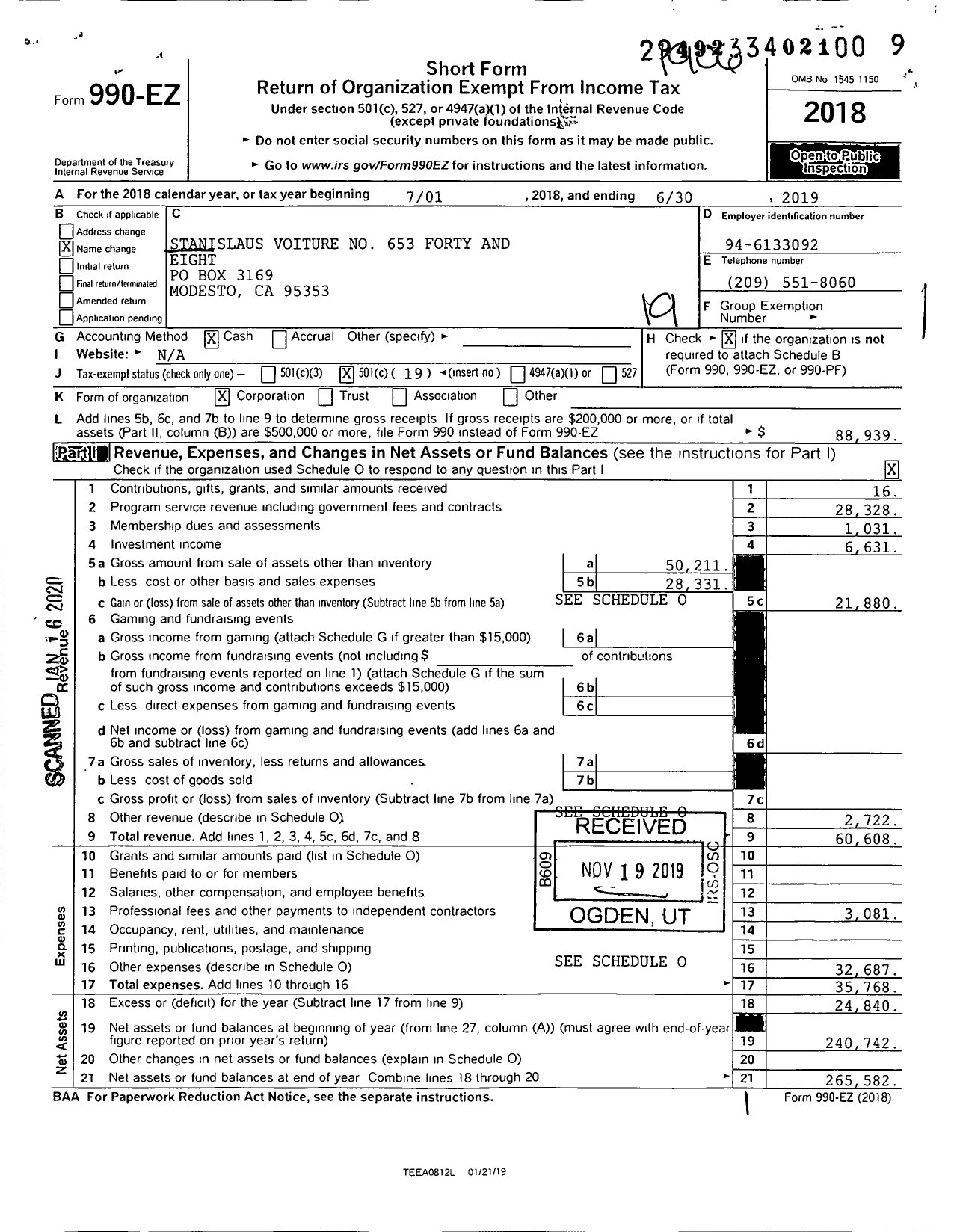 Image of first page of 2018 Form 990EO for The Forty and Eight - 653 Voiture Locale