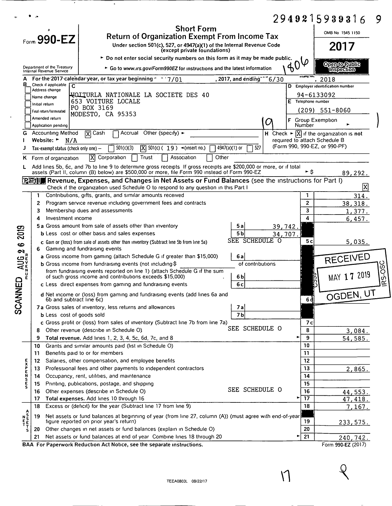 Image of first page of 2017 Form 990EO for The Forty and Eight - 653 Voiture Locale