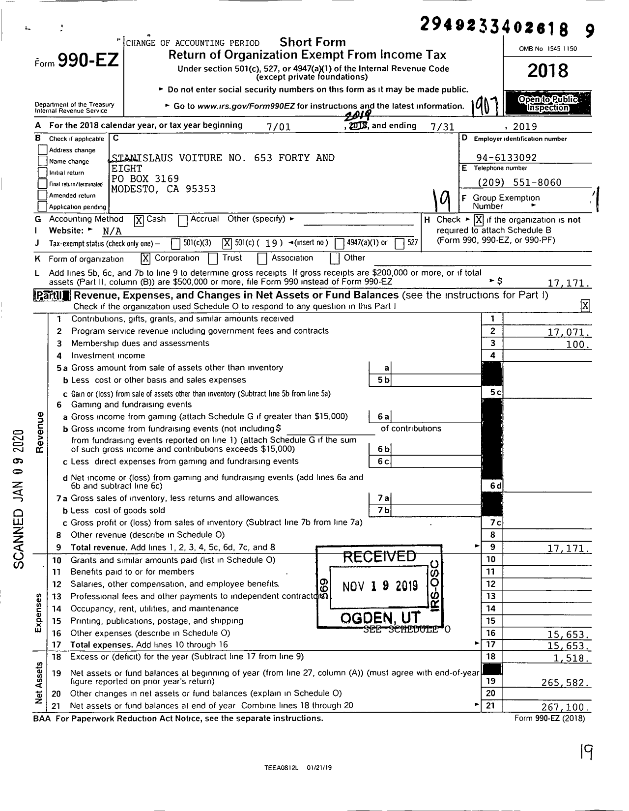 Image of first page of 2018 Form 990EO for The Forty and Eight - 653 Voiture Locale