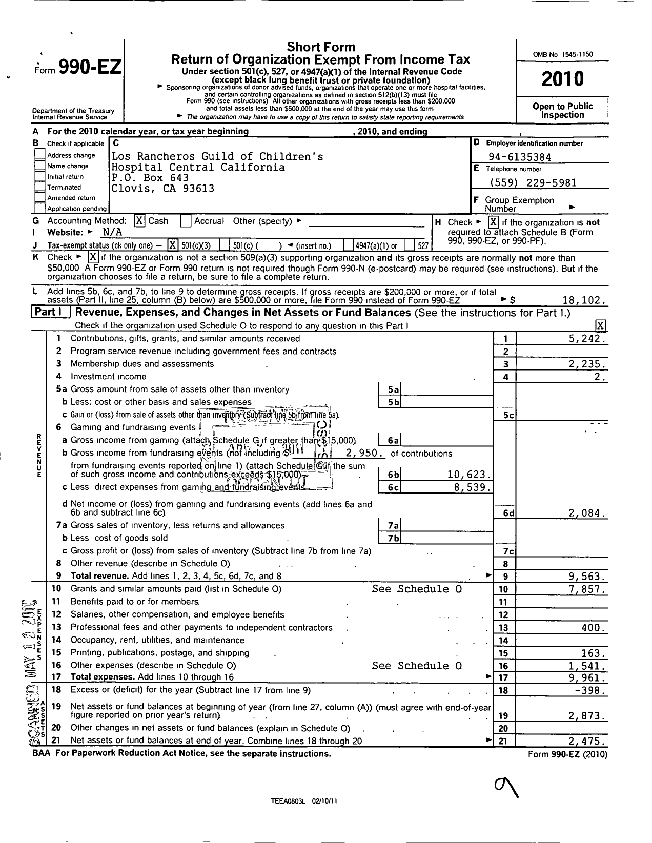 Image of first page of 2010 Form 990EZ for Los Rancheros Guild of the Valley Childrens Hospital and Guidance CL