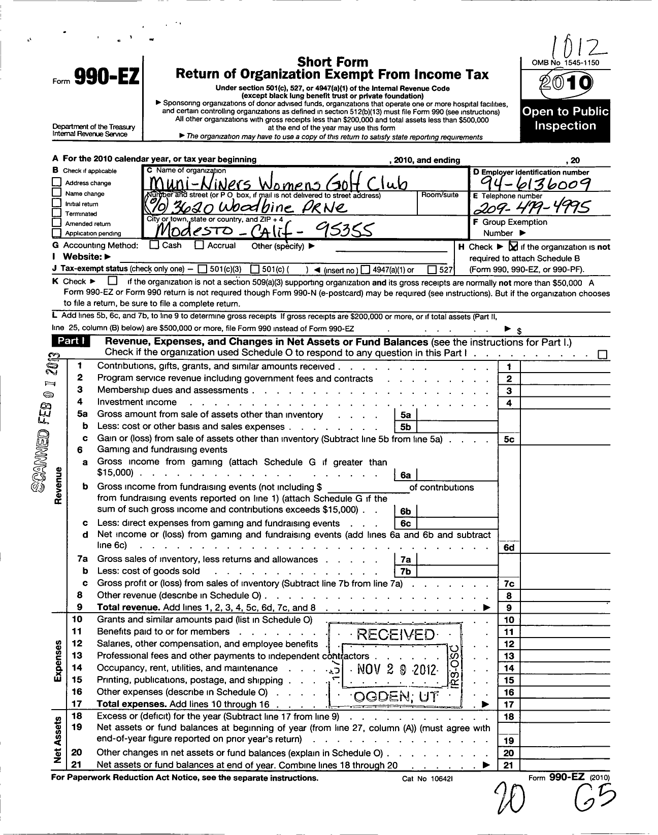 Image of first page of 2010 Form 990EO for Muni-Niners Womens Golf Club