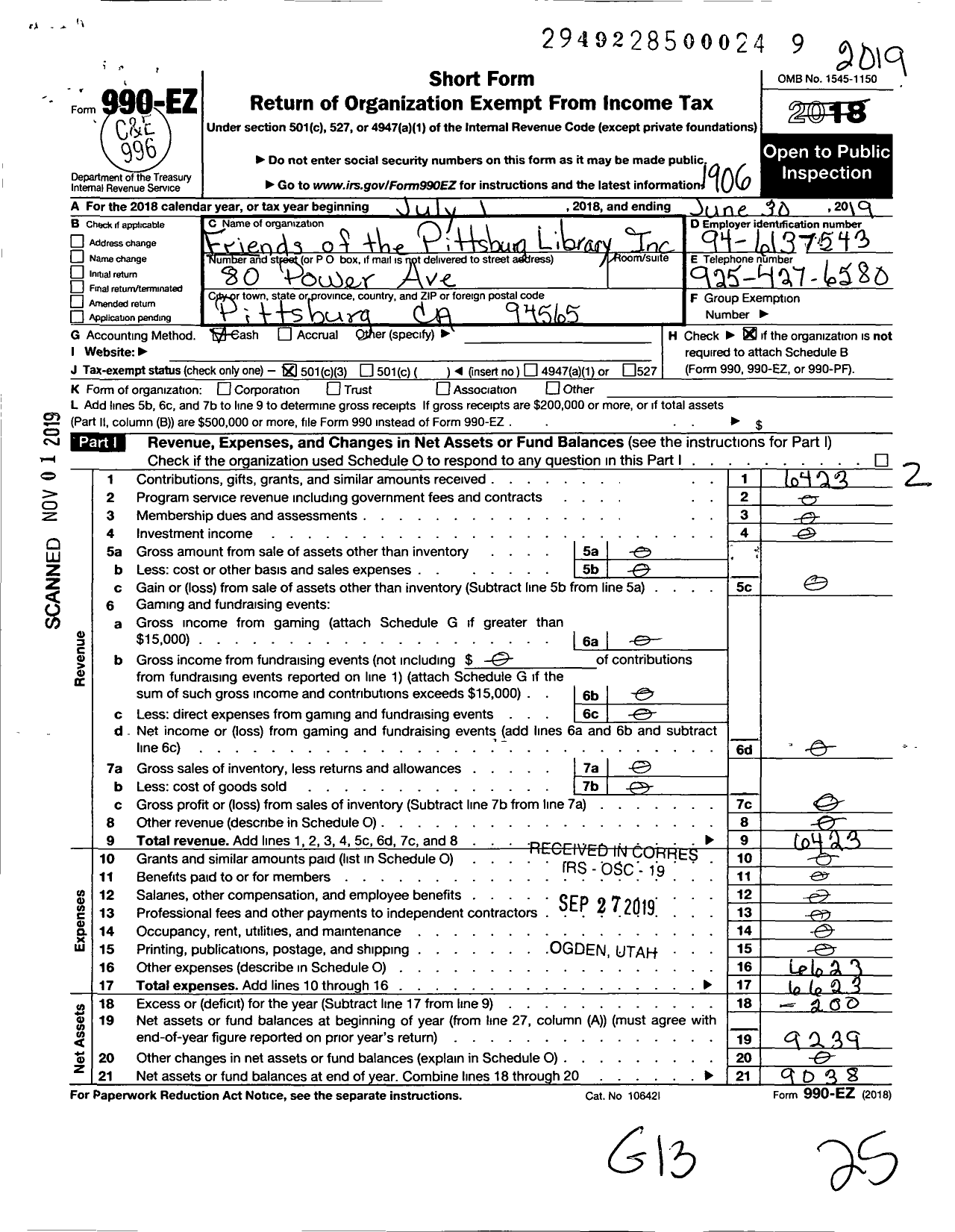 Image of first page of 2018 Form 990EZ for Friends of the Pittsburg Library