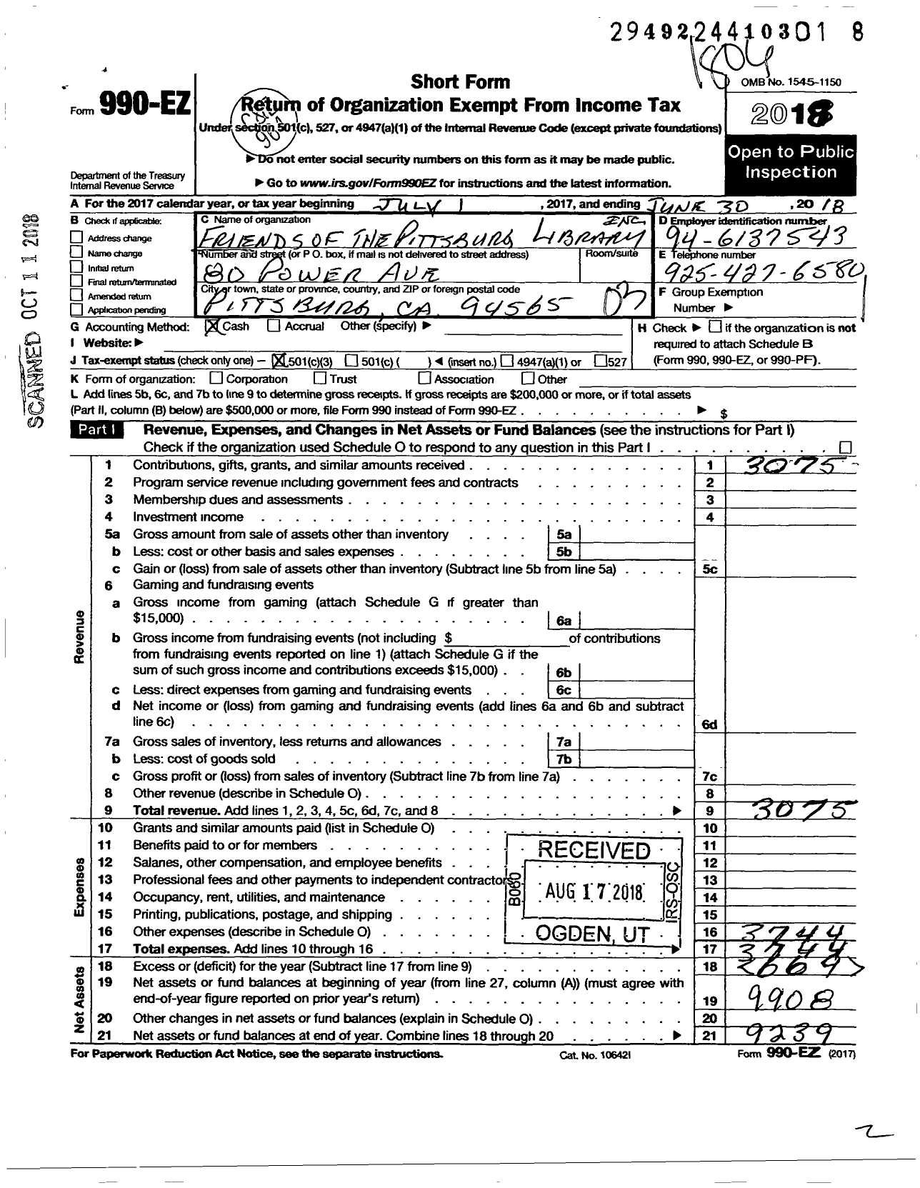 Image of first page of 2017 Form 990EZ for Friends of the Pittsburg Library