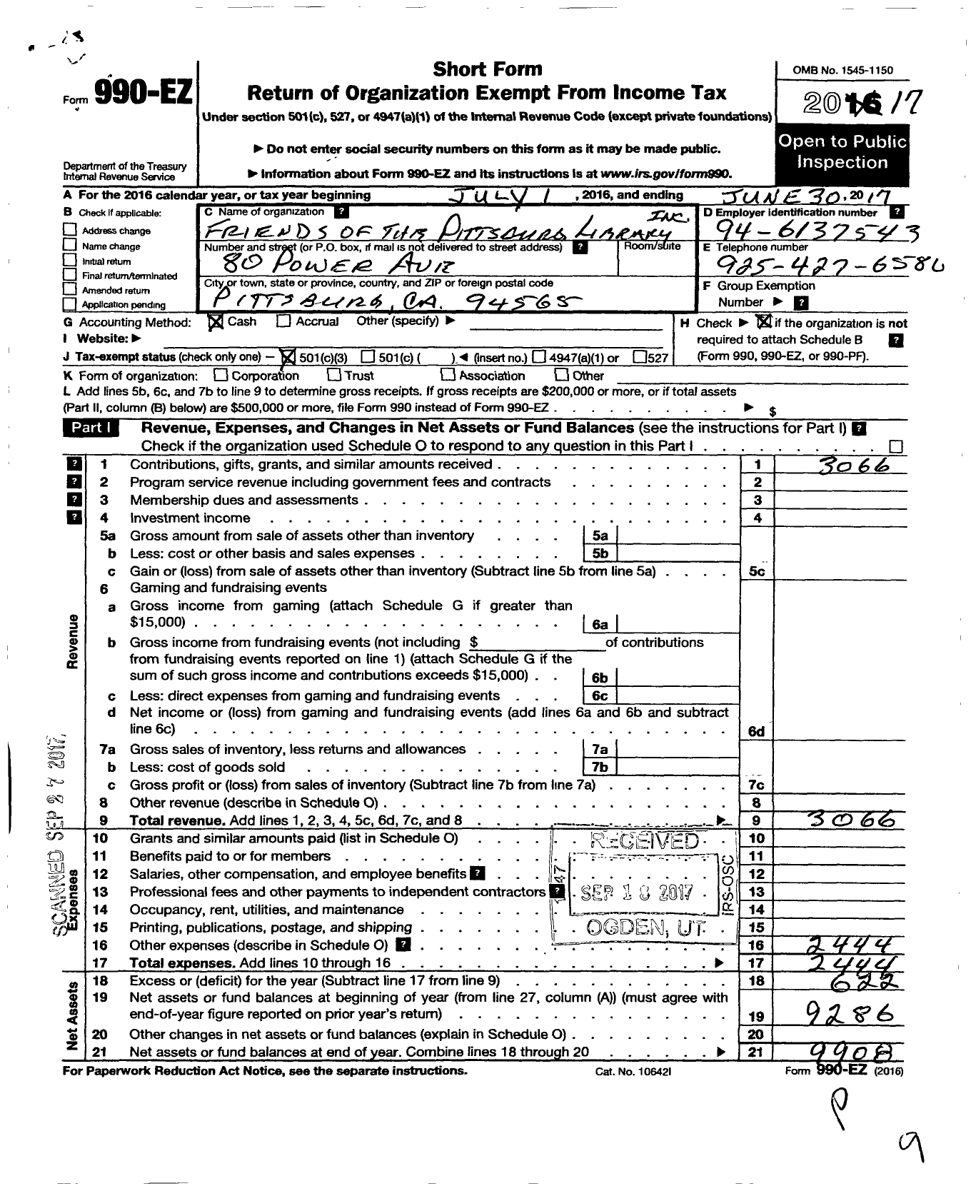 Image of first page of 2016 Form 990EZ for Friends of the Pittsburg Library