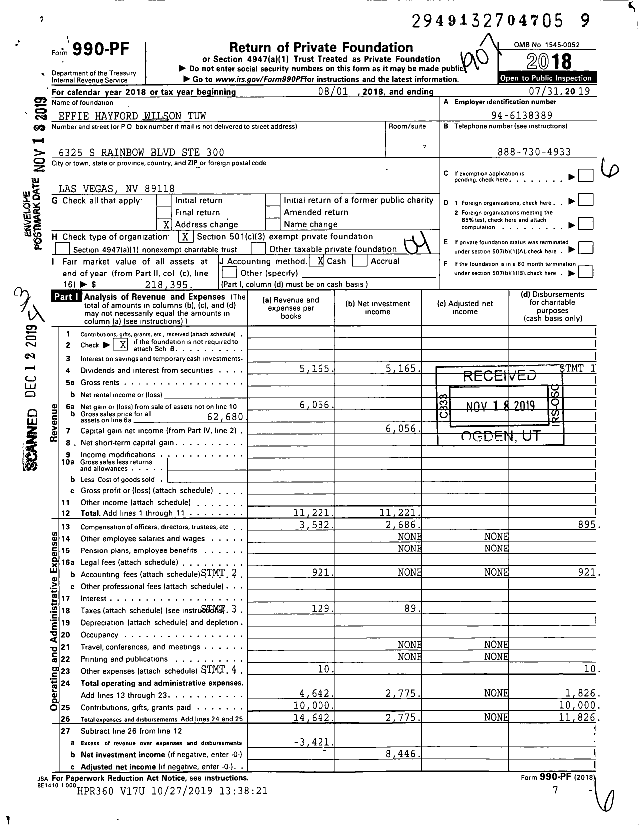 Image of first page of 2018 Form 990PF for Effie Hayford Wilson Tuw