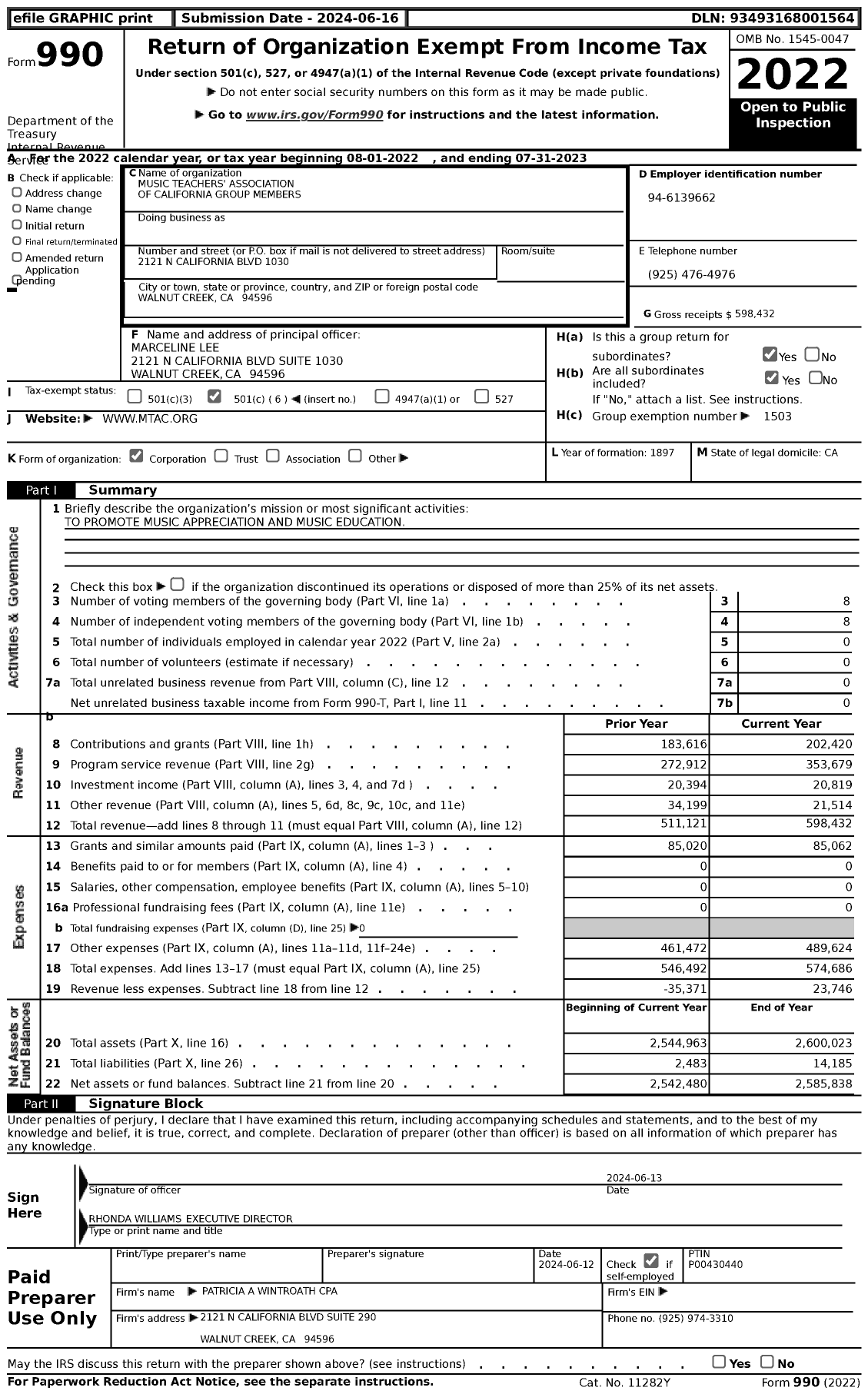 Image of first page of 2022 Form 990 for Music Teachers Association of California (MTAC)