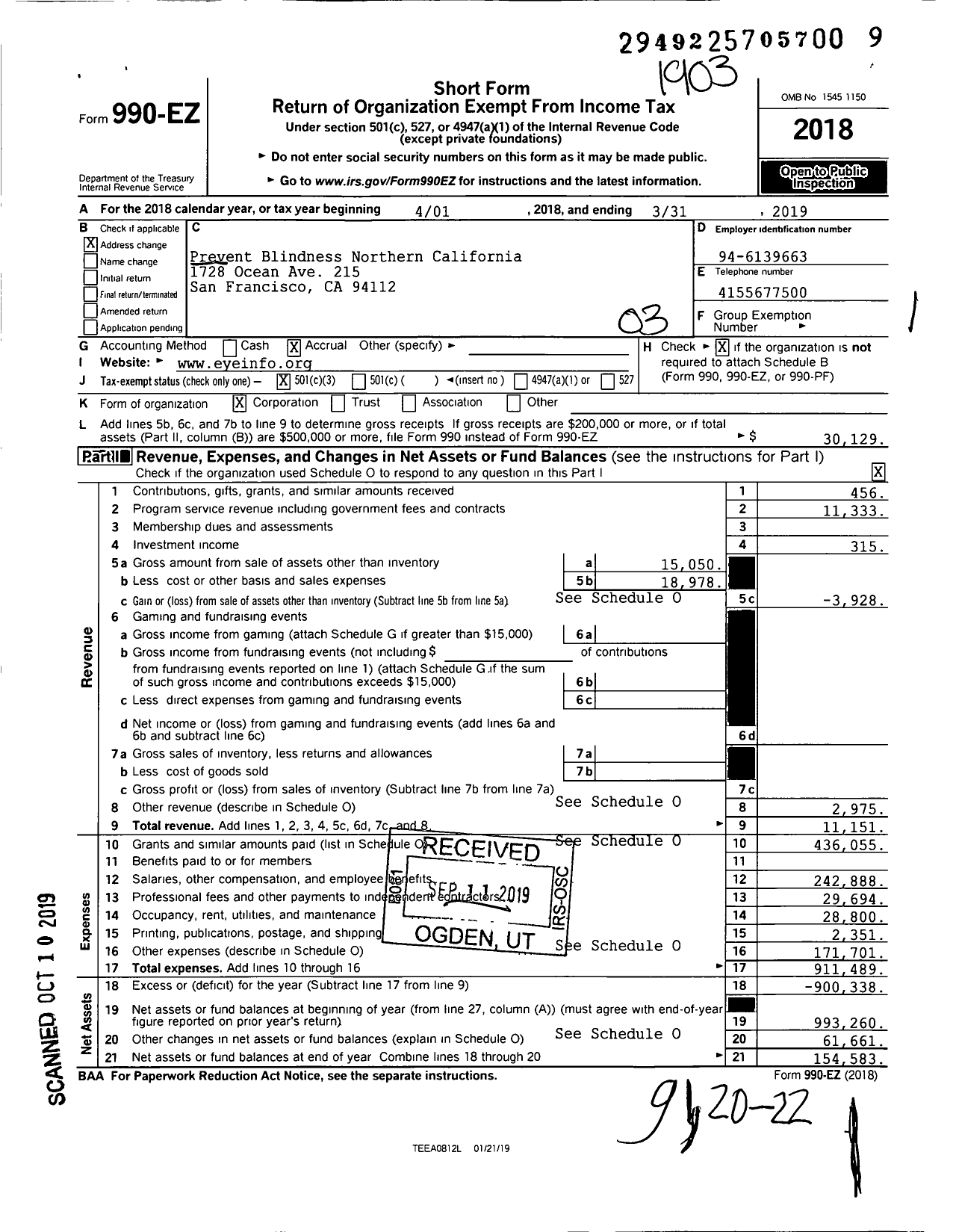 Image of first page of 2018 Form 990EZ for Prevent Blindness Northern California