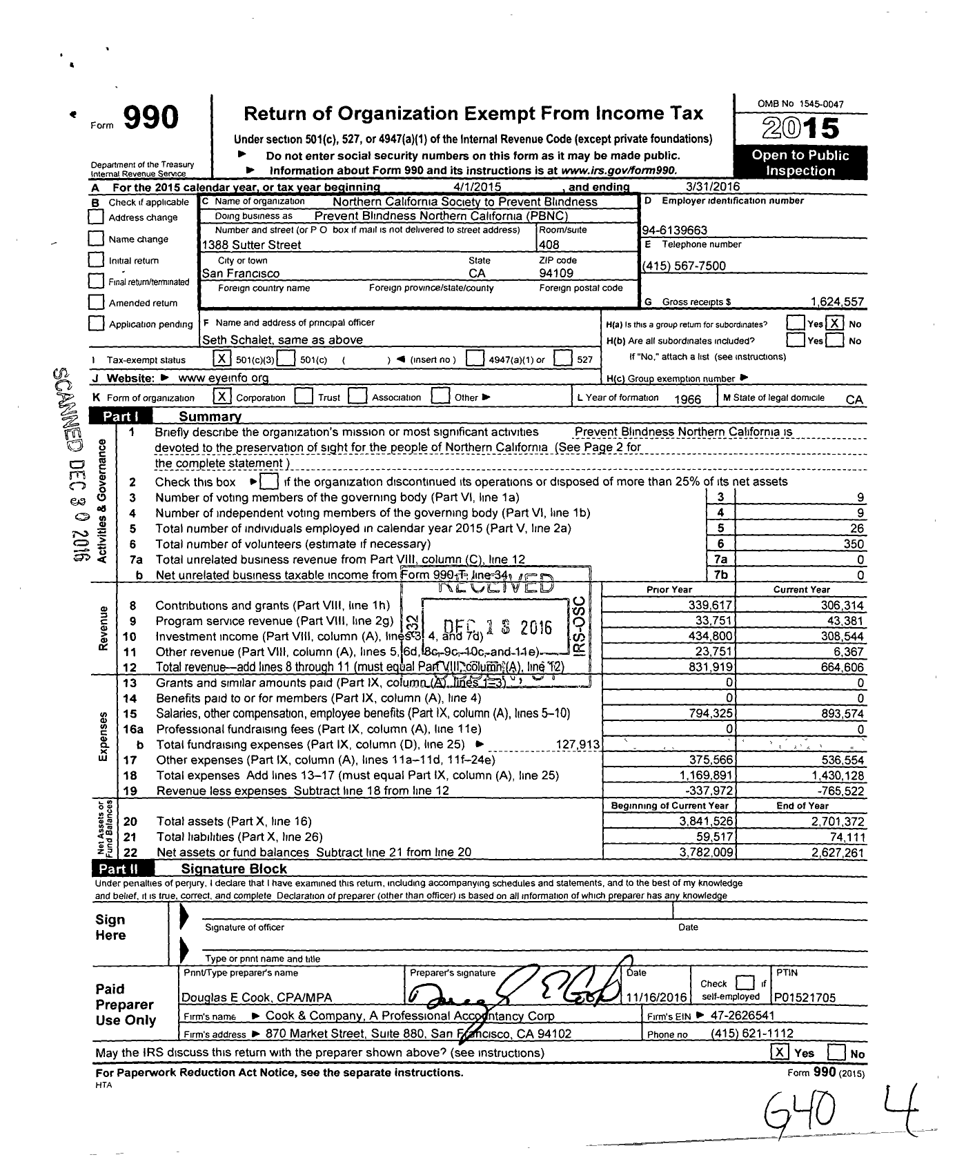 Image of first page of 2015 Form 990 for Prevent Blindness Northern California