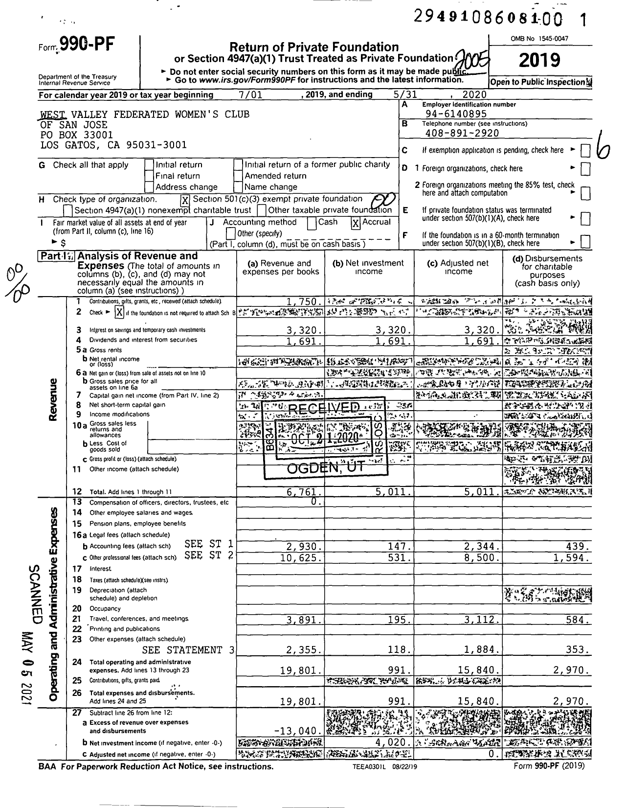 Image of first page of 2019 Form 990PF for West Valley Federated Womens Club of San Jose