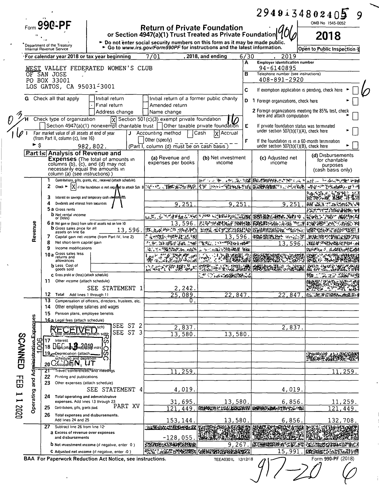 Image of first page of 2018 Form 990PF for West Valley Federated Womens Club of San Jose