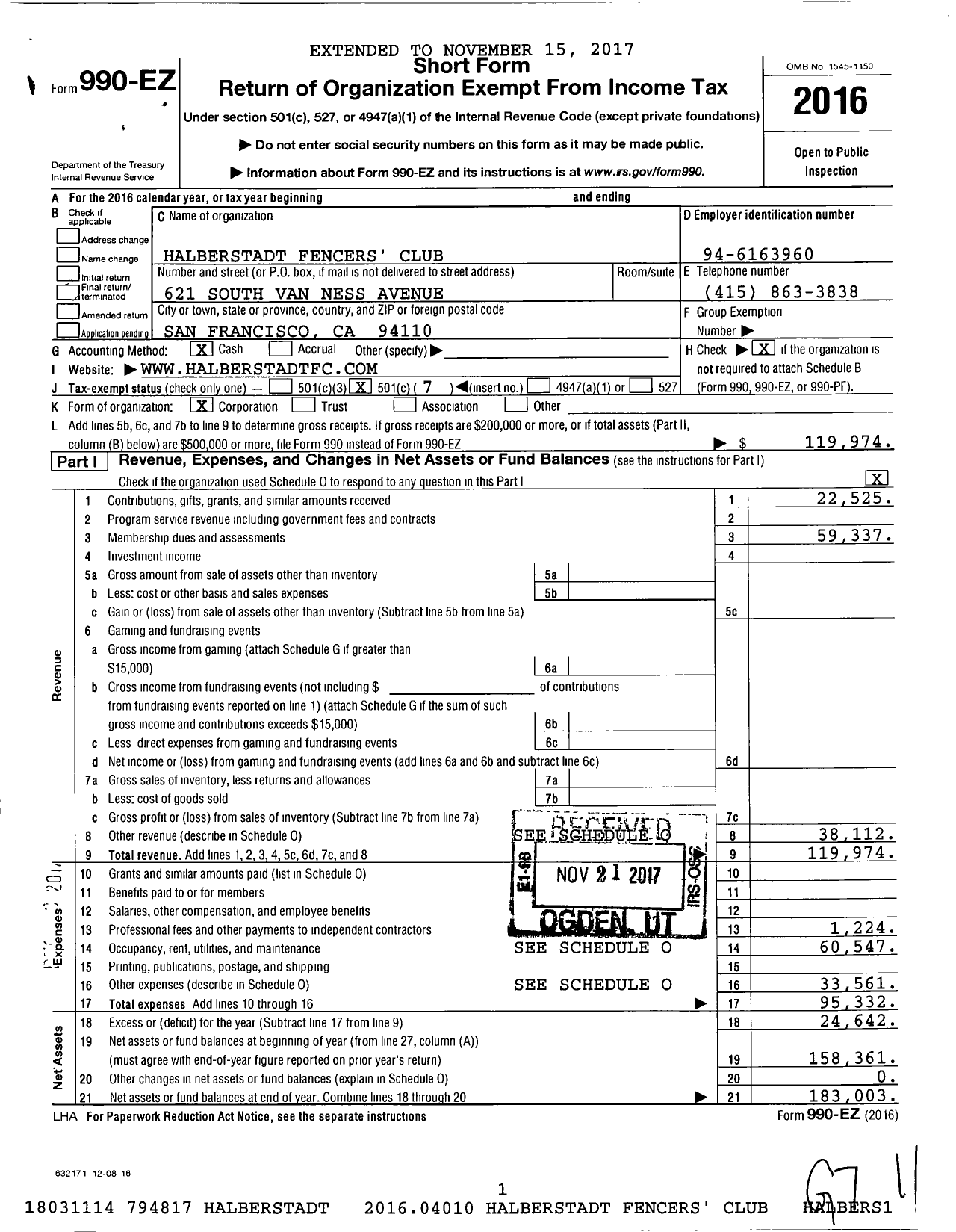 Image of first page of 2016 Form 990EO for Halberstadt Fencers' Club