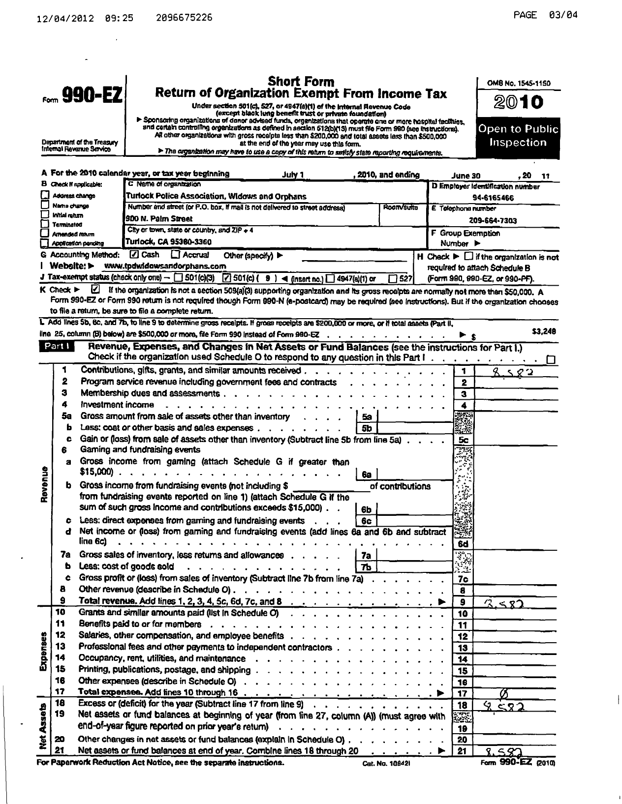 Image of first page of 2010 Form 990EOR for Turlock Police Association