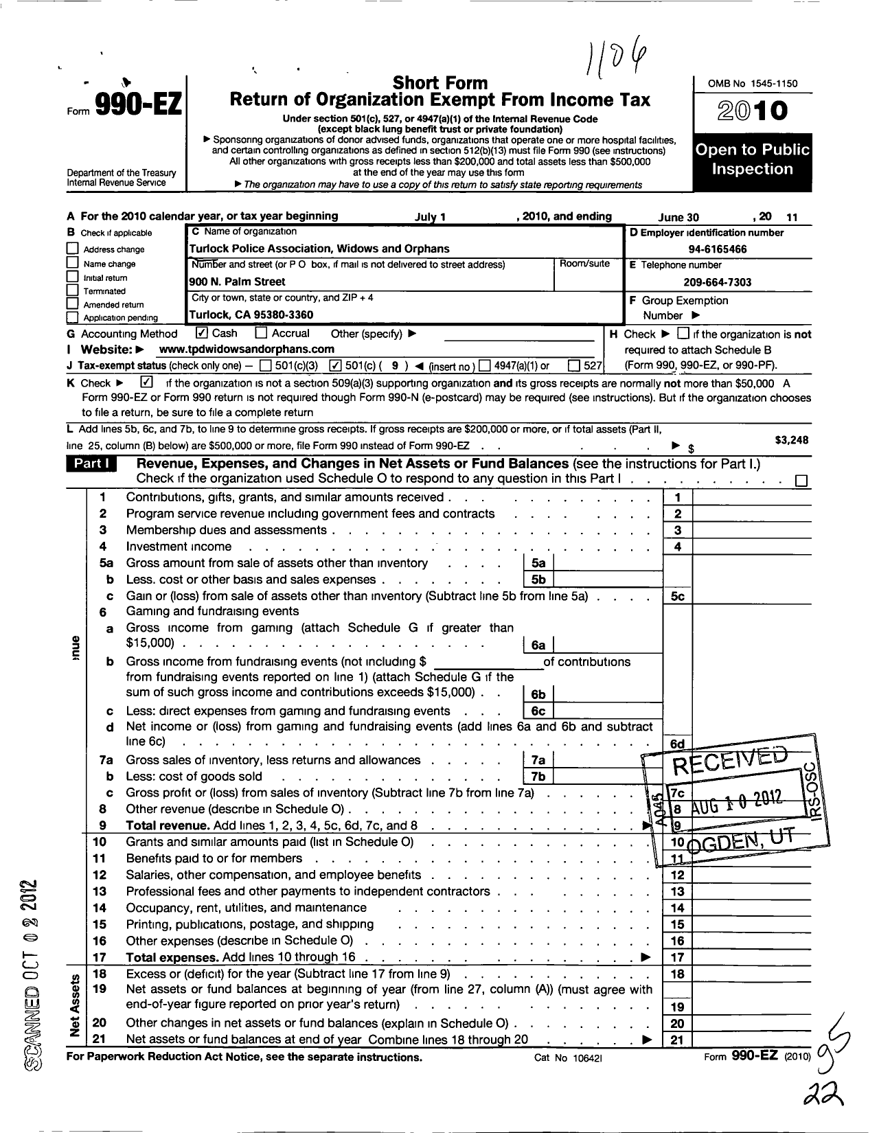 Image of first page of 2010 Form 990EO for Turlock Police Association