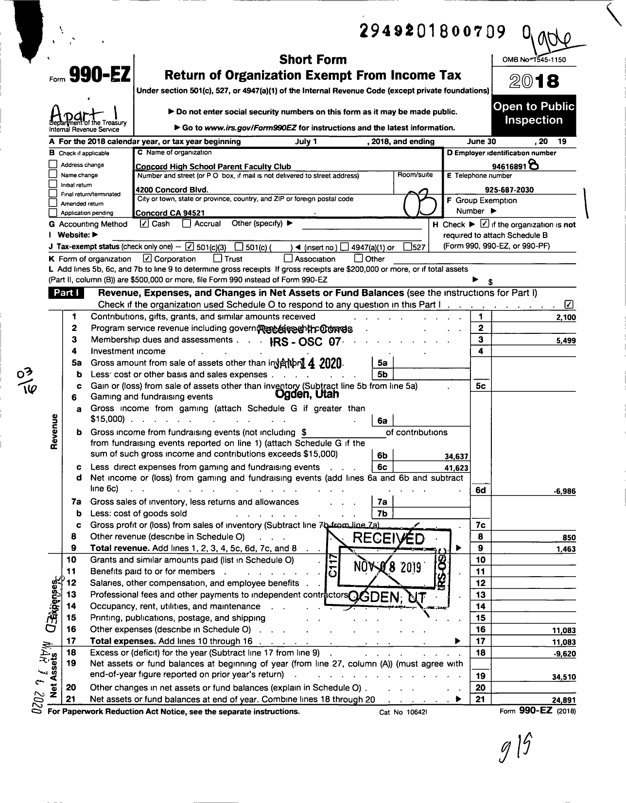 Image of first page of 2018 Form 990EZ for Concord High School Parents Club