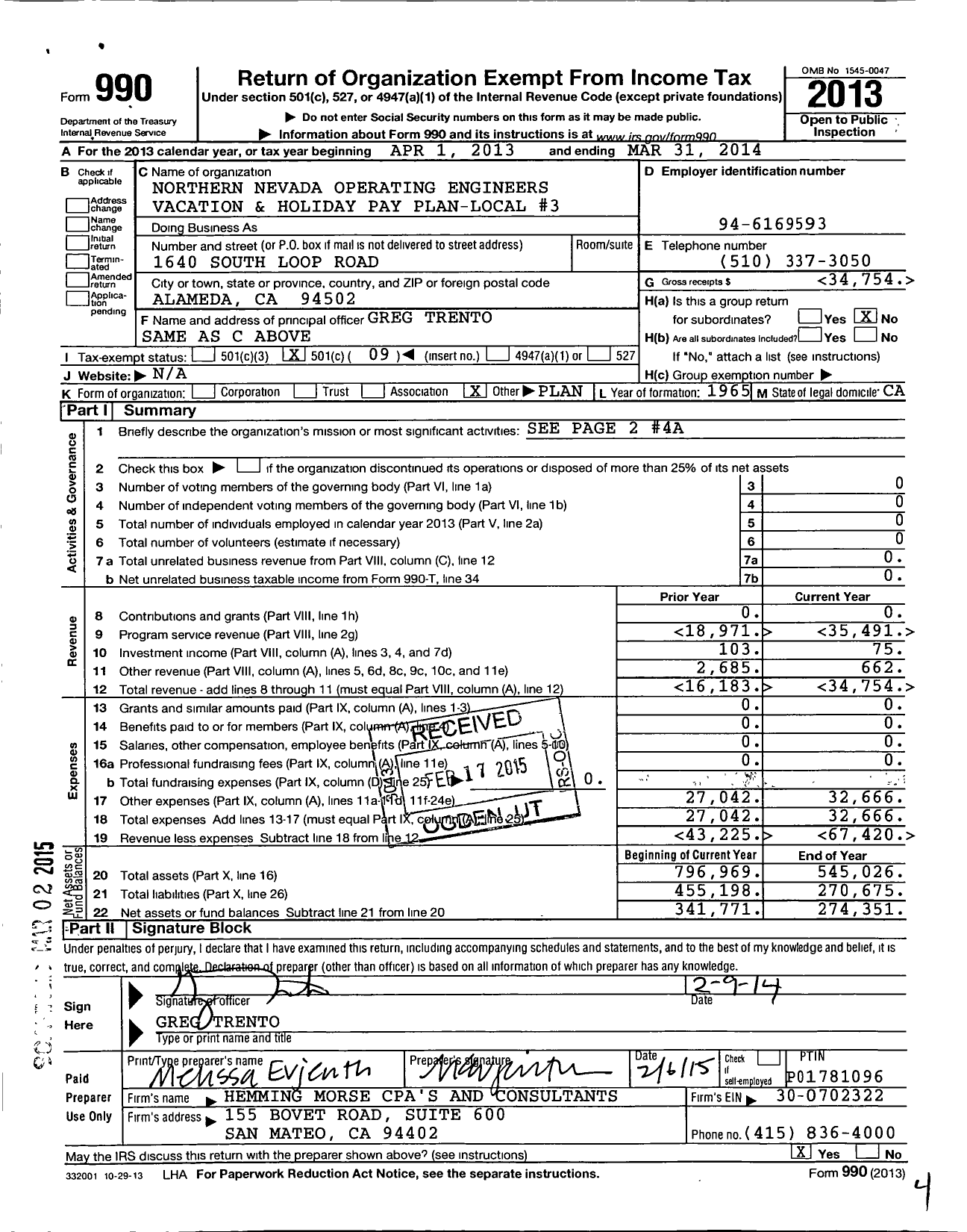 Image of first page of 2013 Form 990O for Northern Nevada Operating Engineers Vacation and Holiday Pay Plan