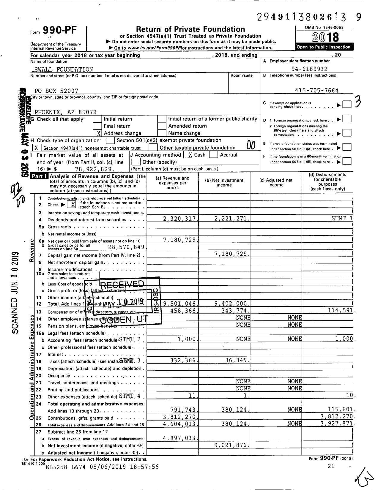 Image of first page of 2018 Form 990PF for Swall Foundation