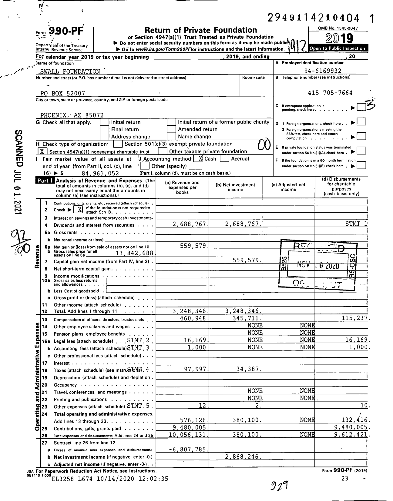 Image of first page of 2019 Form 990PF for Swall Foundation