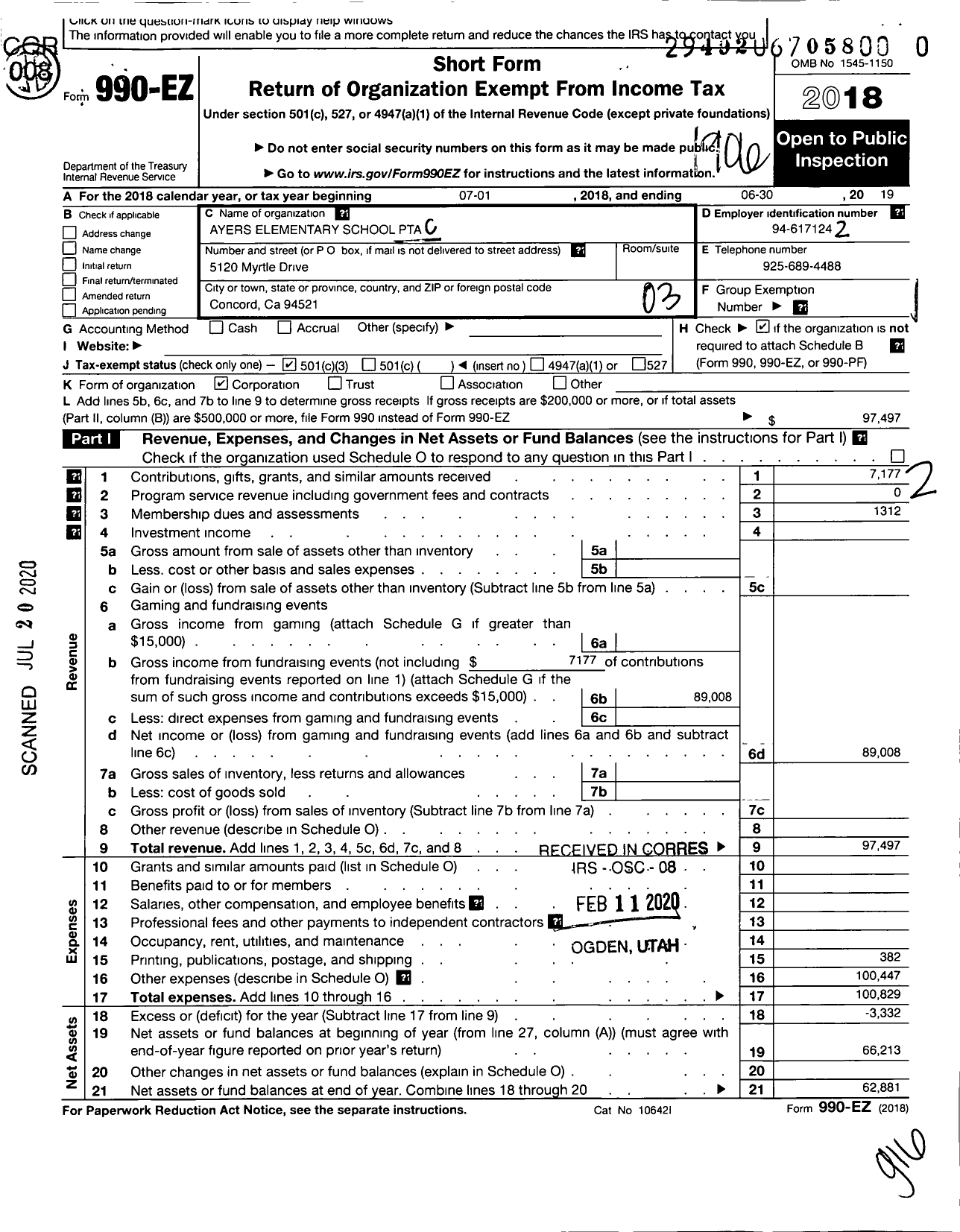 Image of first page of 2018 Form 990EZ for California State PTA - Ayers Elementary PTA