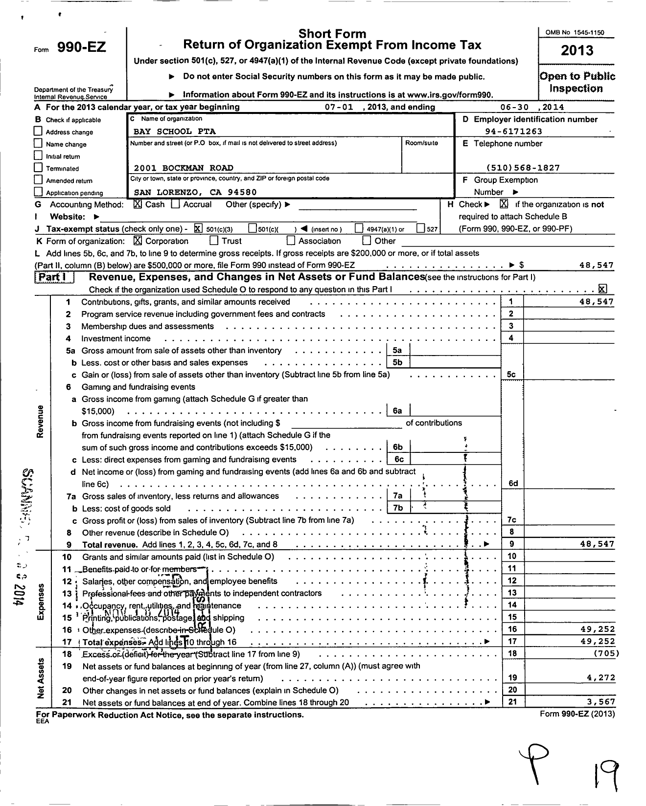 Image of first page of 2013 Form 990EZ for California State PTA - Bay Elementary PTA