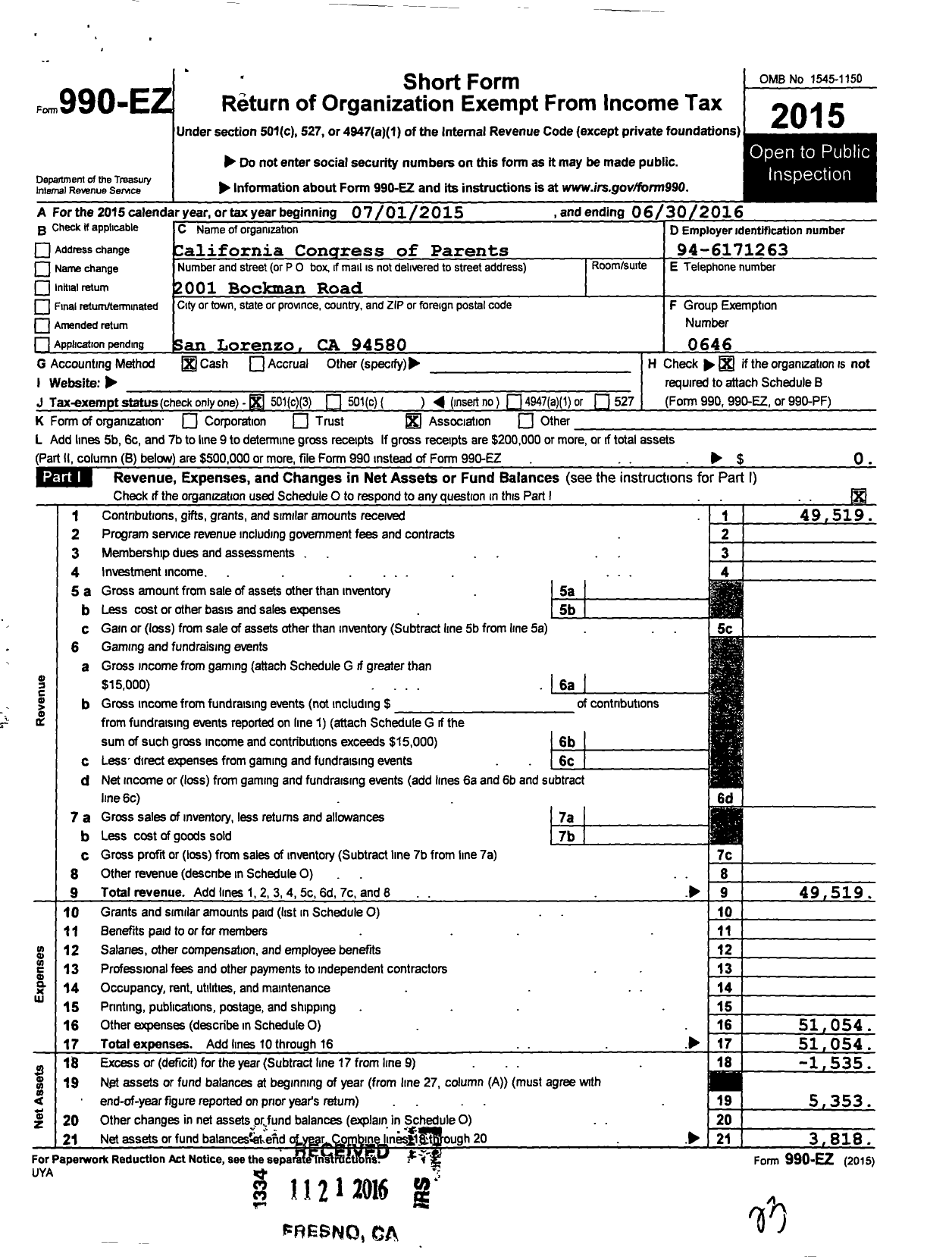 Image of first page of 2015 Form 990EZ for California State PTA - Bay Elementary PTA