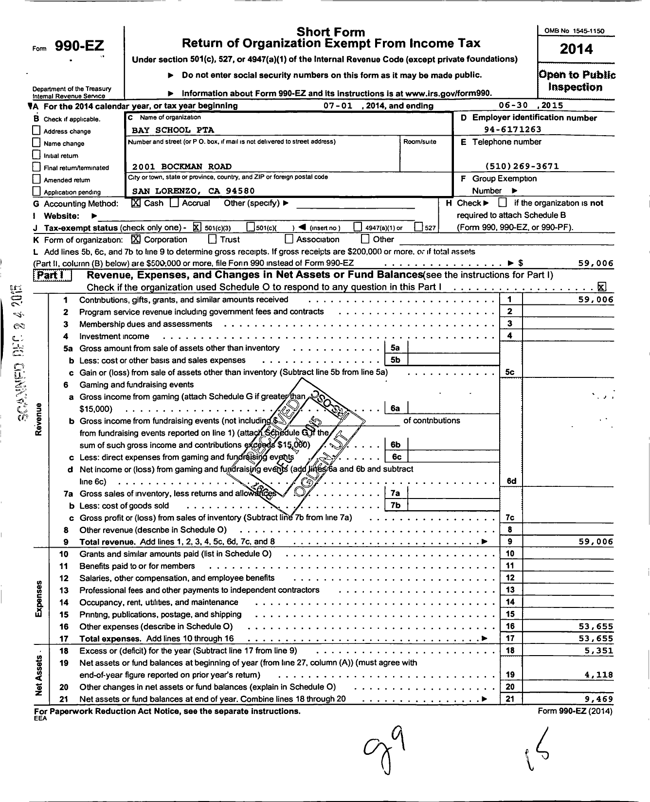 Image of first page of 2014 Form 990EZ for California State PTA - Bay Elementary PTA