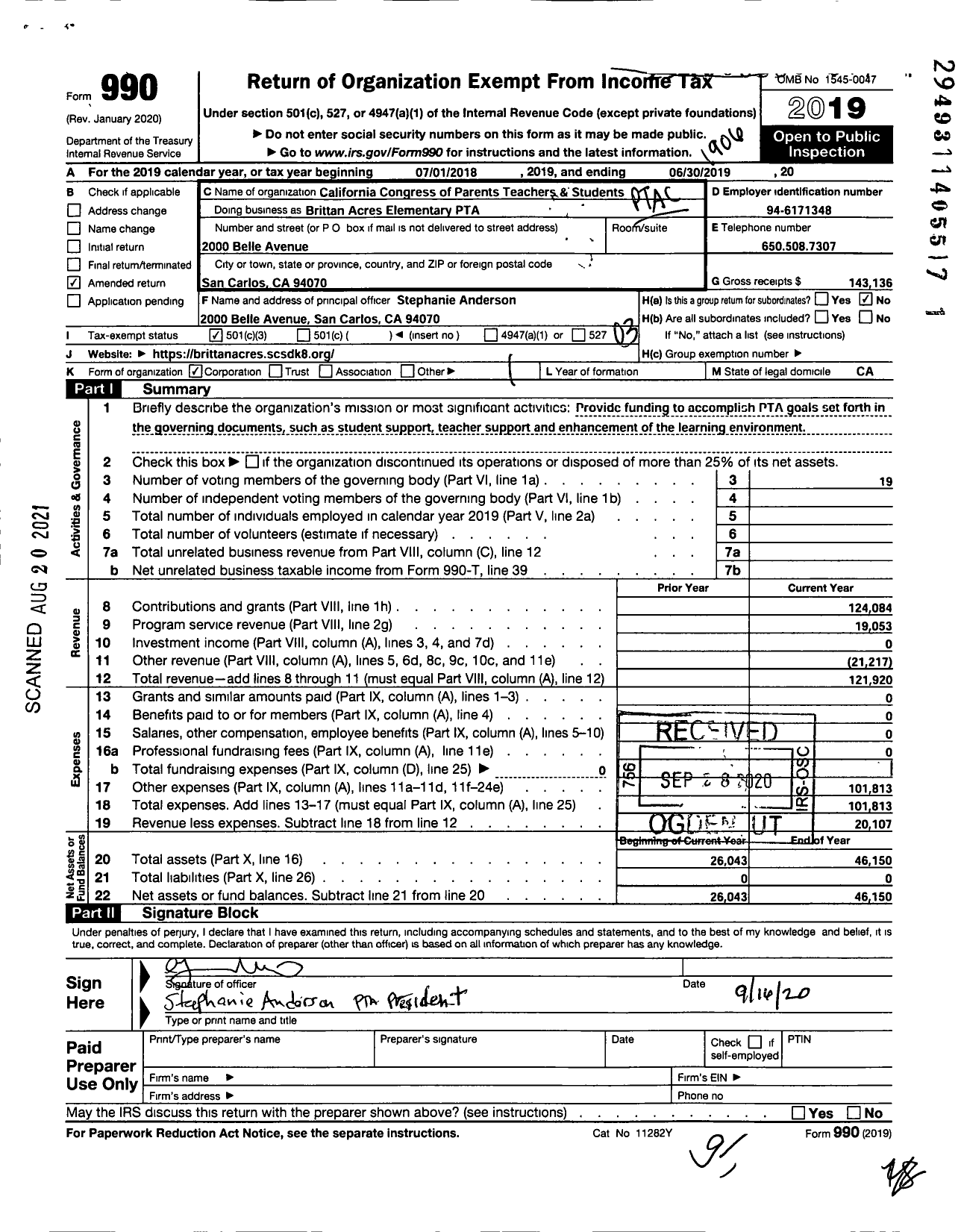 Image of first page of 2018 Form 990 for California State PTA - Brittan Acres Elementary PTA